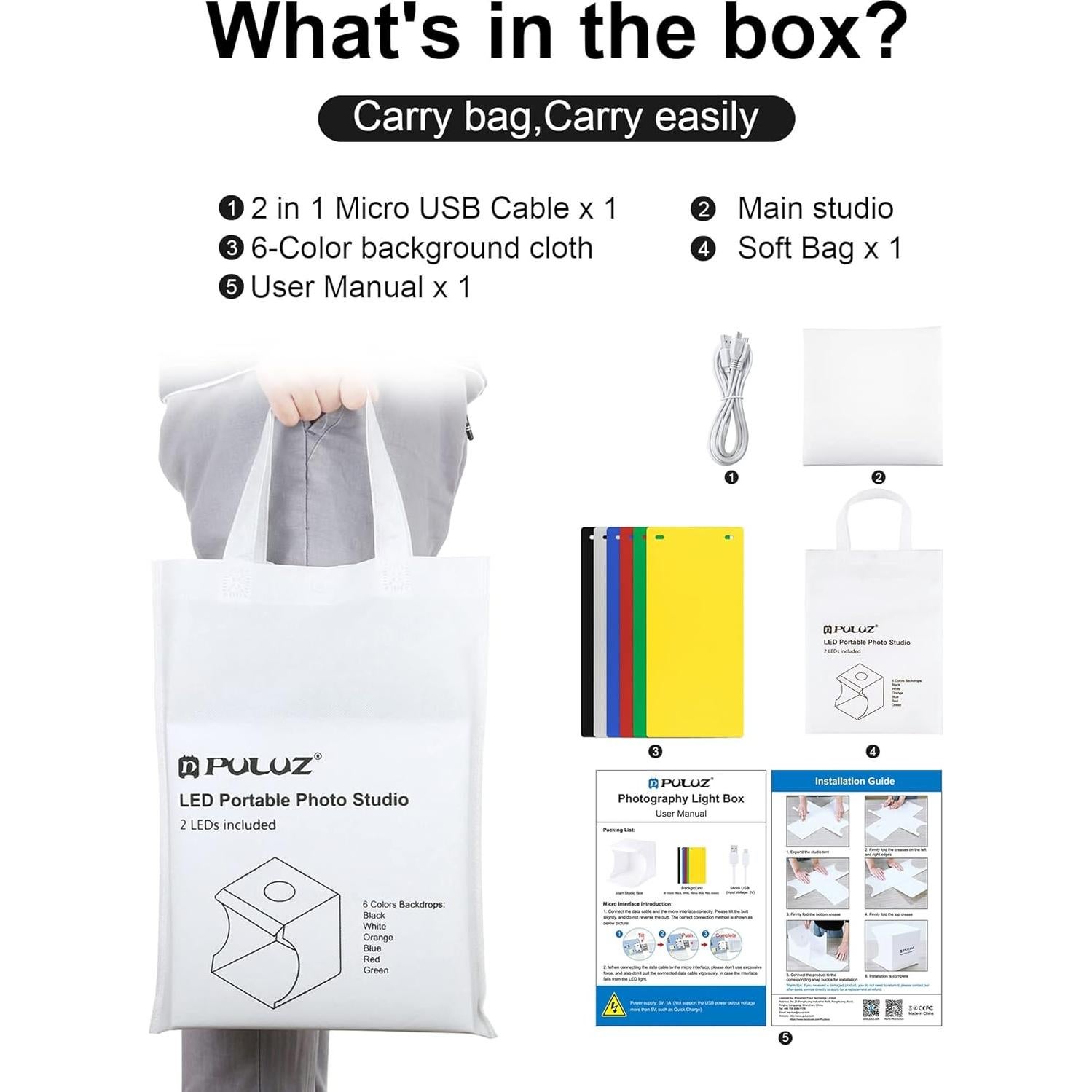 Caja de Estudio Fotográfico PULUZ 20cm con Luz LED y Fondos