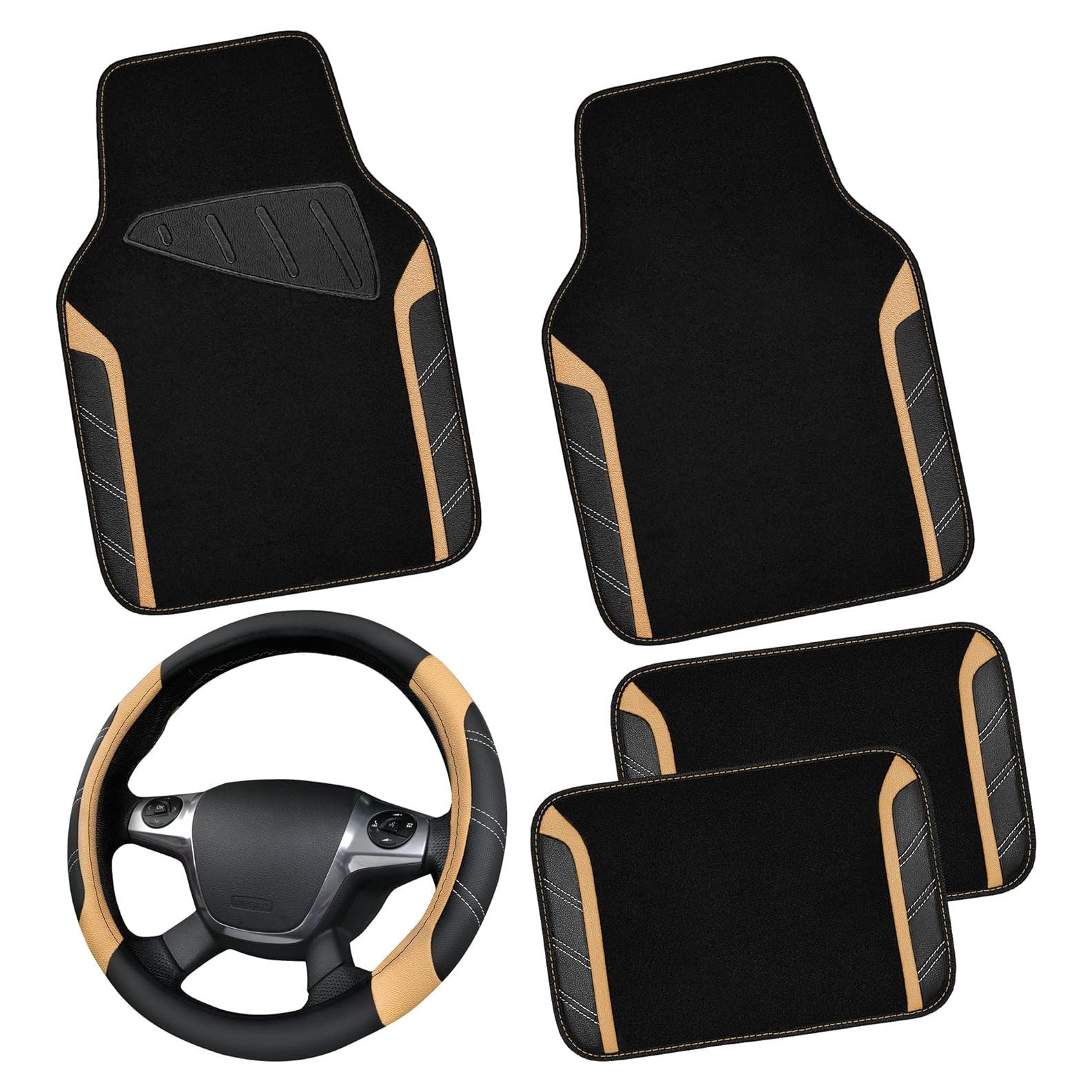 CAR PASS Microfiber Steering Wheel Cover and Waterproof Car Floor Mats,Leather Universal Car Combo Fit for 95% Truck,SUV,Cars,14.5-15inch Sporty Anti-Slip Safety Comfortable Design(Black and Beige)