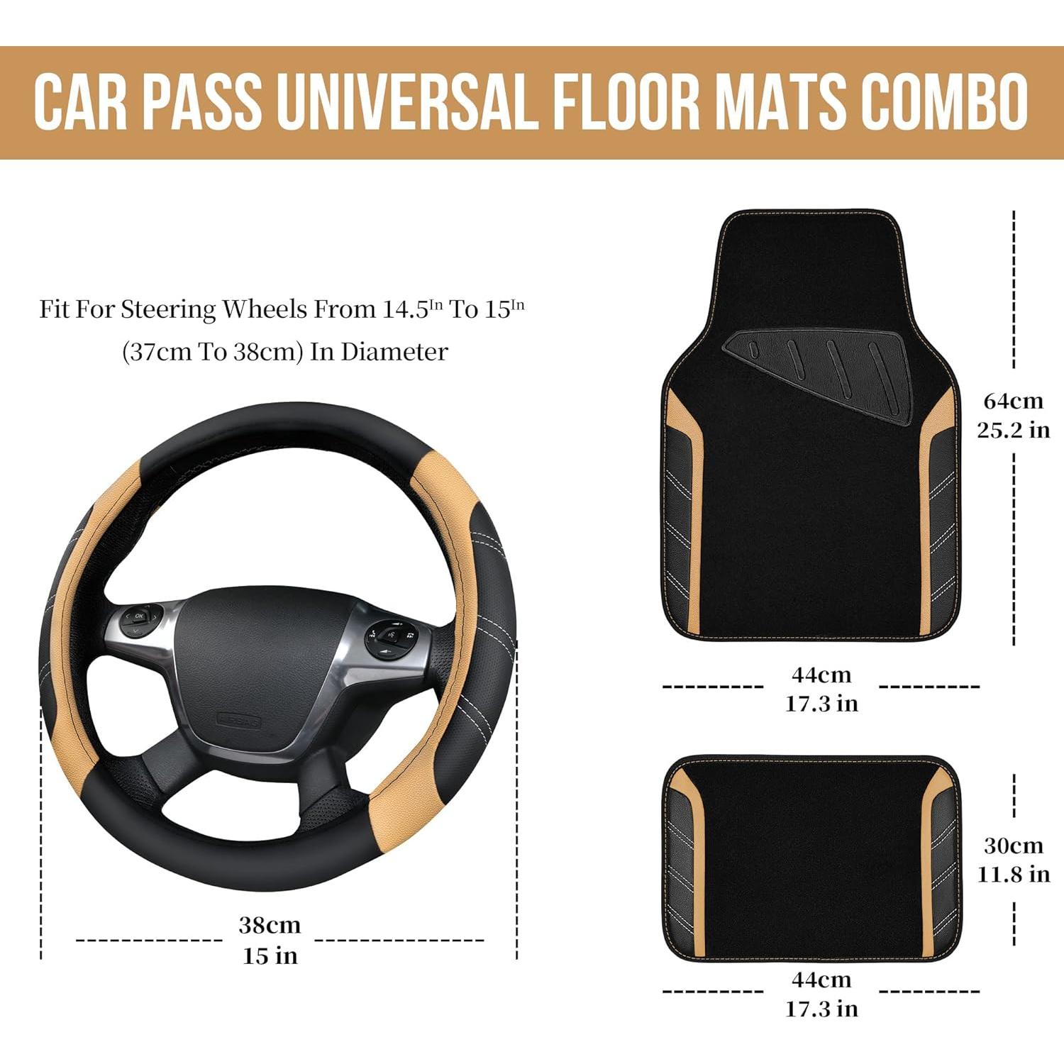 CAR PASS Microfiber Steering Wheel Cover and Waterproof Car Floor Mats,Leather Universal Car Combo Fit for 95% Truck,SUV,Cars,14.5-15inch Sporty Anti-Slip Safety Comfortable Design(Black and Beige)