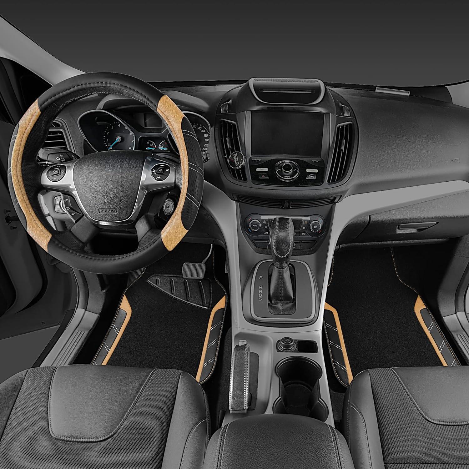 CAR PASS Microfiber Steering Wheel Cover and Waterproof Car Floor Mats,Leather Universal Car Combo Fit for 95% Truck,SUV,Cars,14.5-15inch Sporty Anti-Slip Safety Comfortable Design(Black and Beige)