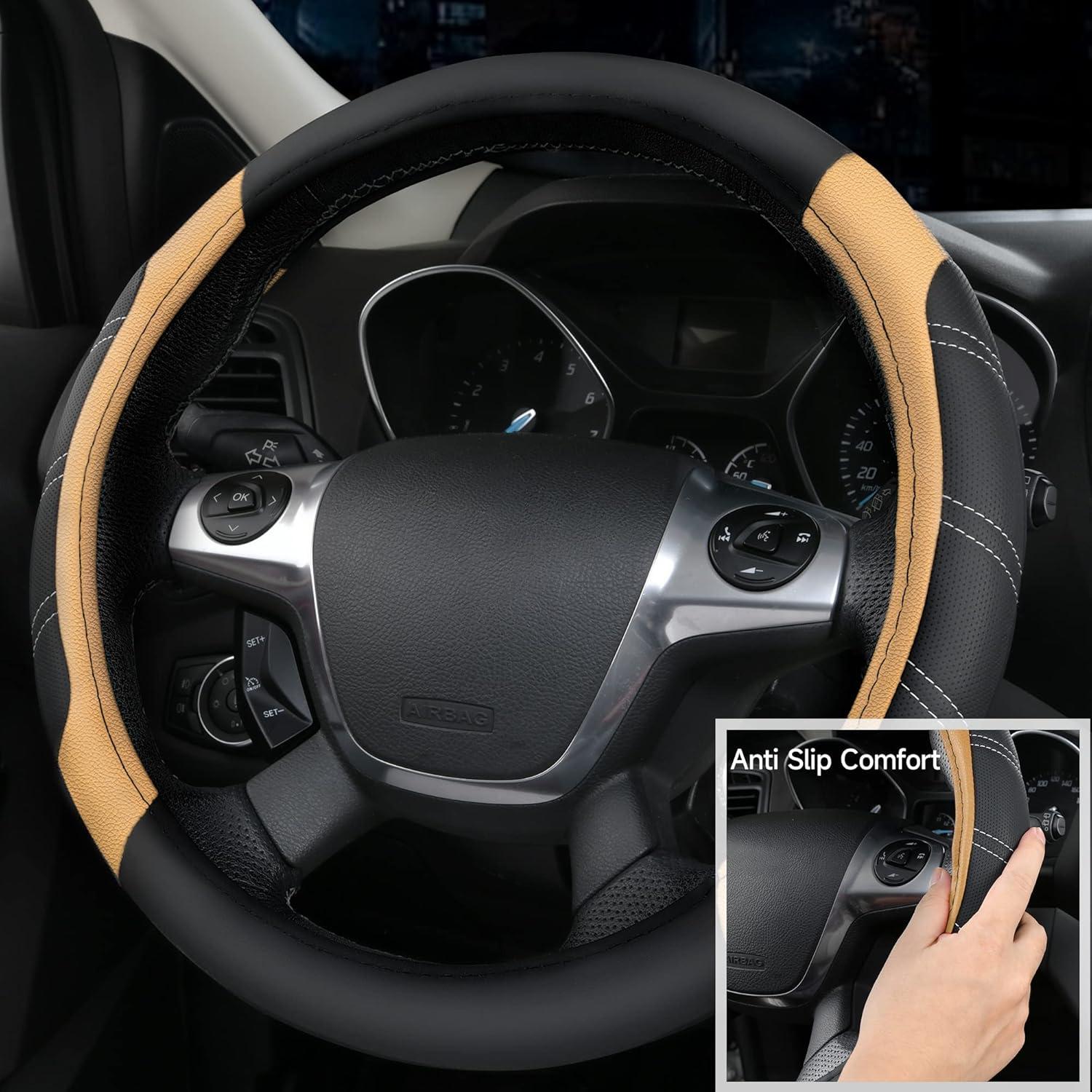 CAR PASS Microfiber Steering Wheel Cover and Waterproof Car Floor Mats,Leather Universal Car Combo Fit for 95% Truck,SUV,Cars,14.5-15inch Sporty Anti-Slip Safety Comfortable Design(Black and Beige)