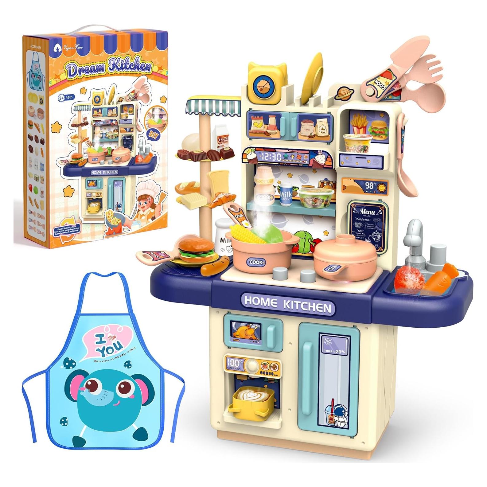 Mini Kids Kitchen Playset with Apron, Play Kitchen Toy with Realistic Steam and Lights, Play Sink and Toy Kitchen Accessories, Pretend Play Gift for Toddlers 3-5 Boys Girls