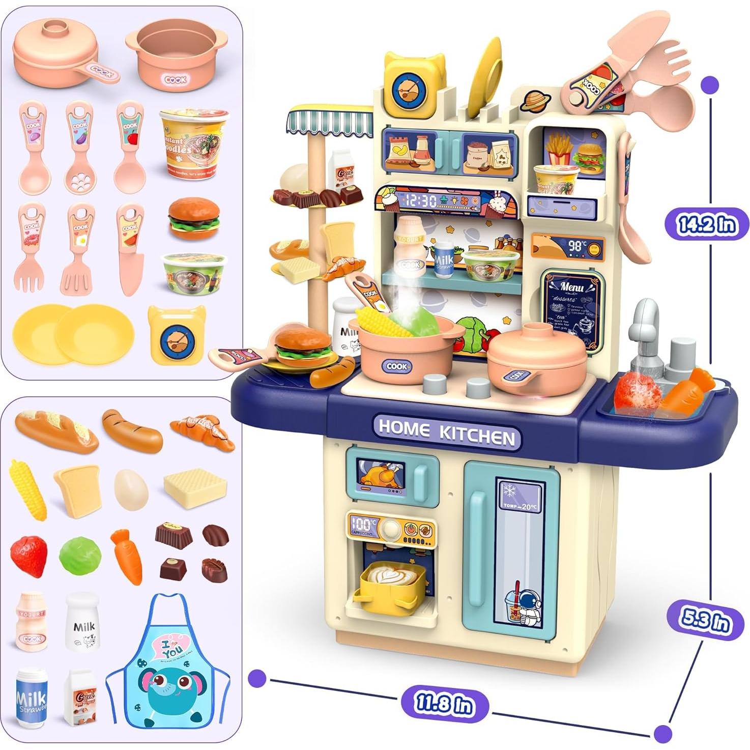 Mini Kids Kitchen Playset with Apron, Play Kitchen Toy with Realistic Steam and Lights, Play Sink and Toy Kitchen Accessories, Pretend Play Gift for Toddlers 3-5 Boys Girls