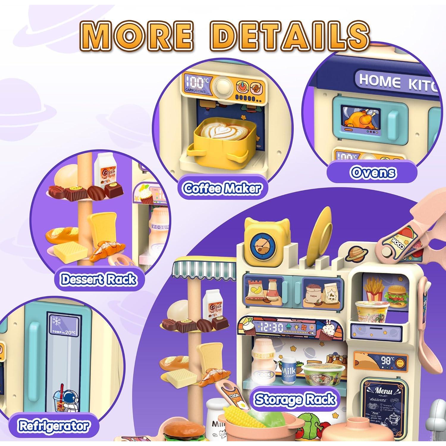 Mini Kids Kitchen Playset with Apron, Play Kitchen Toy with Realistic Steam and Lights, Play Sink and Toy Kitchen Accessories, Pretend Play Gift for Toddlers 3-5 Boys Girls