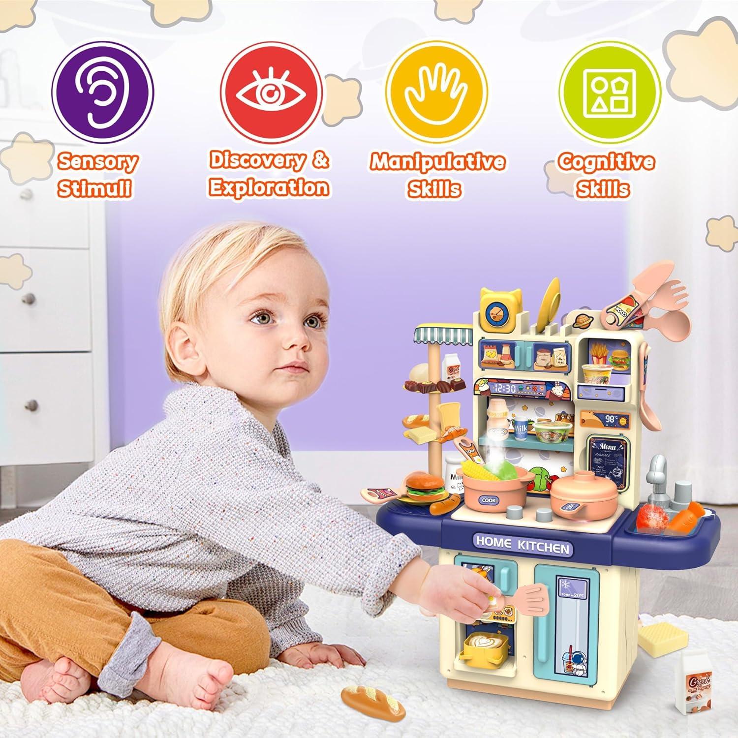 Mini Kids Kitchen Playset with Apron, Play Kitchen Toy with Realistic Steam and Lights, Play Sink and Toy Kitchen Accessories, Pretend Play Gift for Toddlers 3-5 Boys Girls
