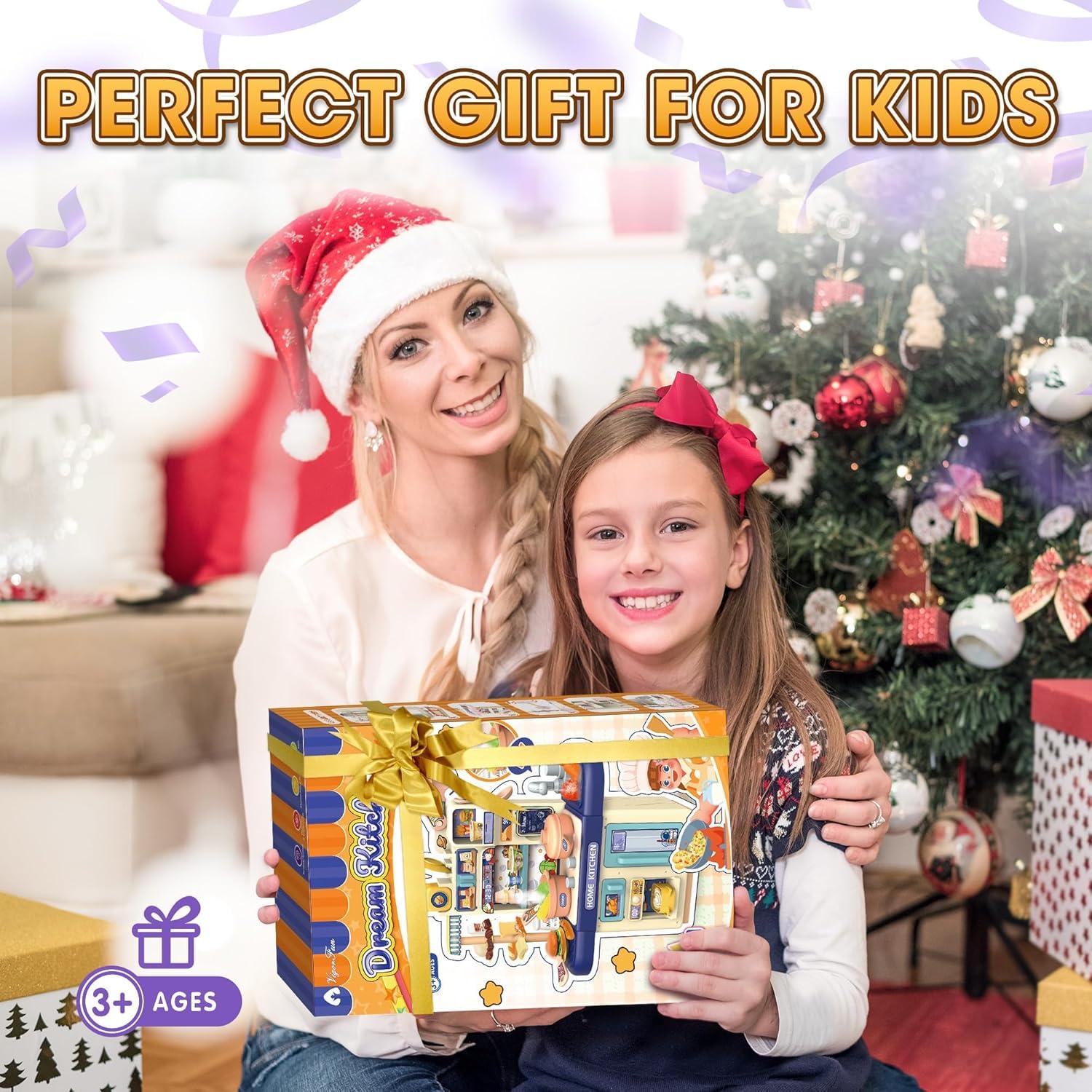 Mini Kids Kitchen Playset with Apron, Play Kitchen Toy with Realistic Steam and Lights, Play Sink and Toy Kitchen Accessories, Pretend Play Gift for Toddlers 3-5 Boys Girls