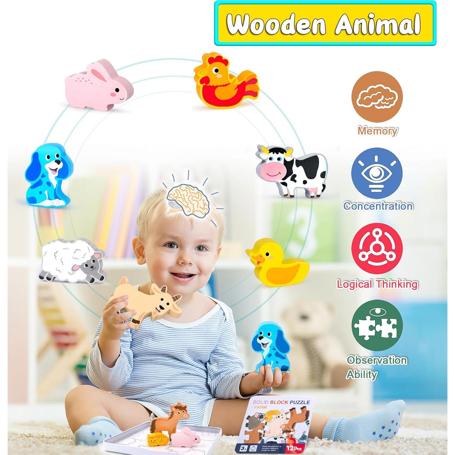 Rompecabezas de Animales de Madera 12 Piezas Montessori