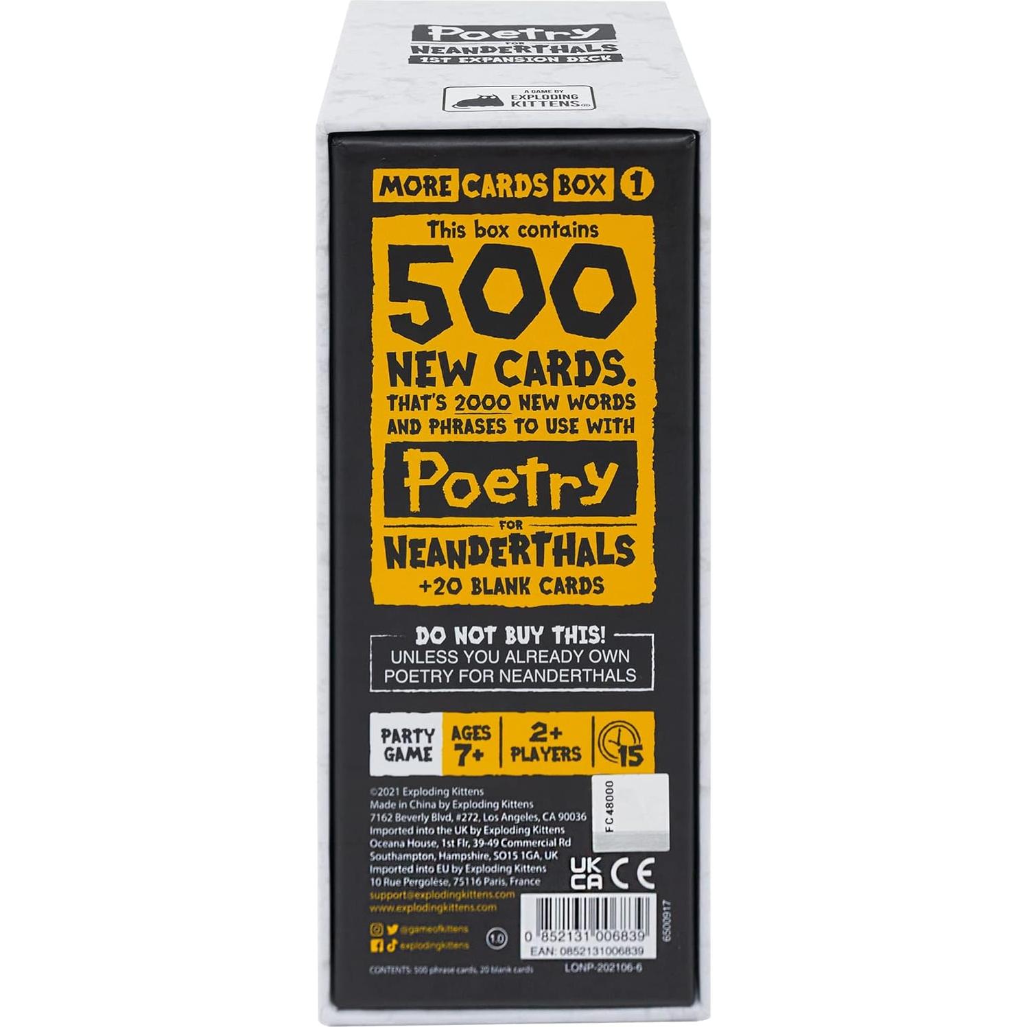 Paquete de Expansión Poesía para Neandertales Exploding Kittens - 500 Cartas