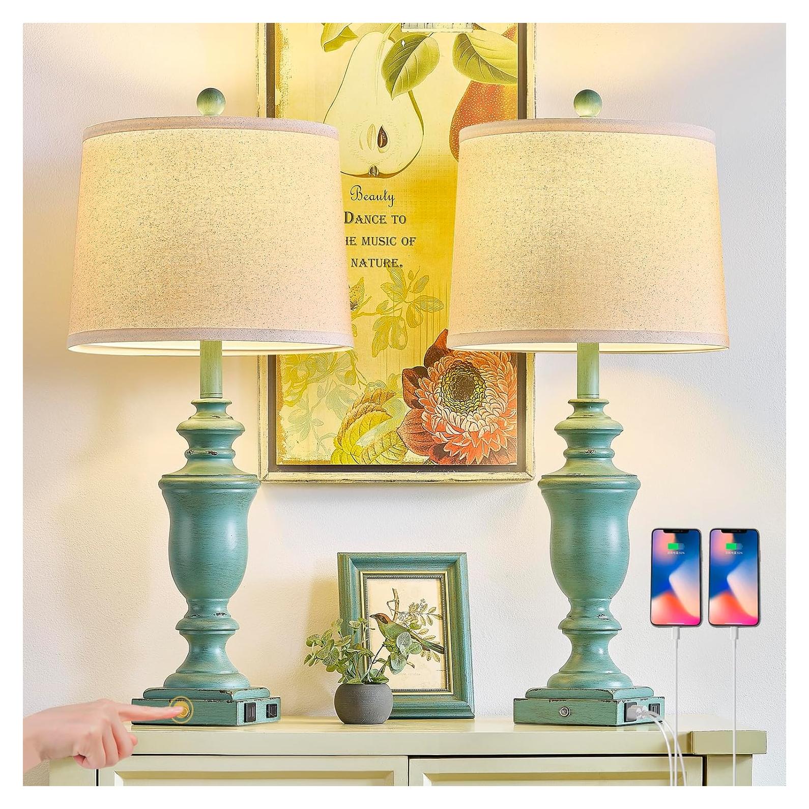 Juego de 2 Lámparas de Mesa Regulables con USB Verde Antiguo
