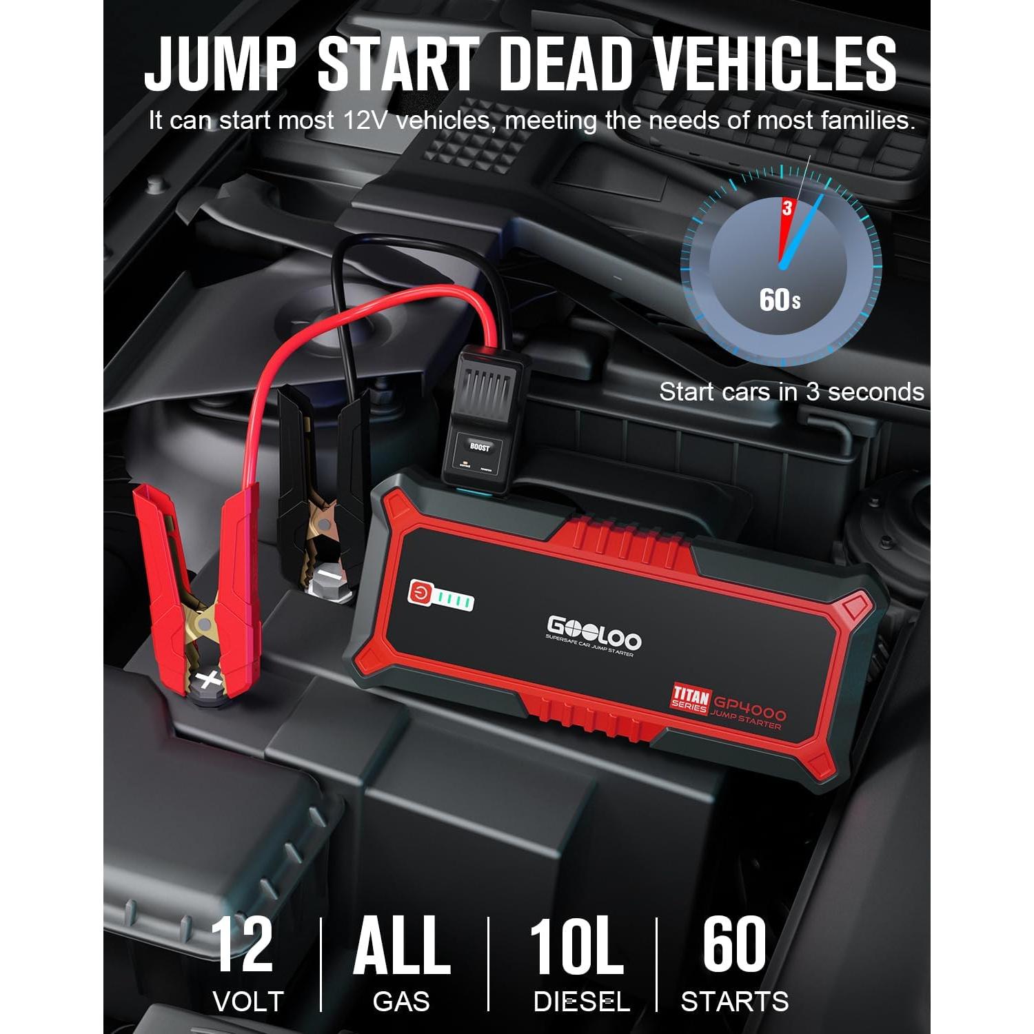 GOOLOO Arrancador de Batería 4000A 12V Rojo para Coche