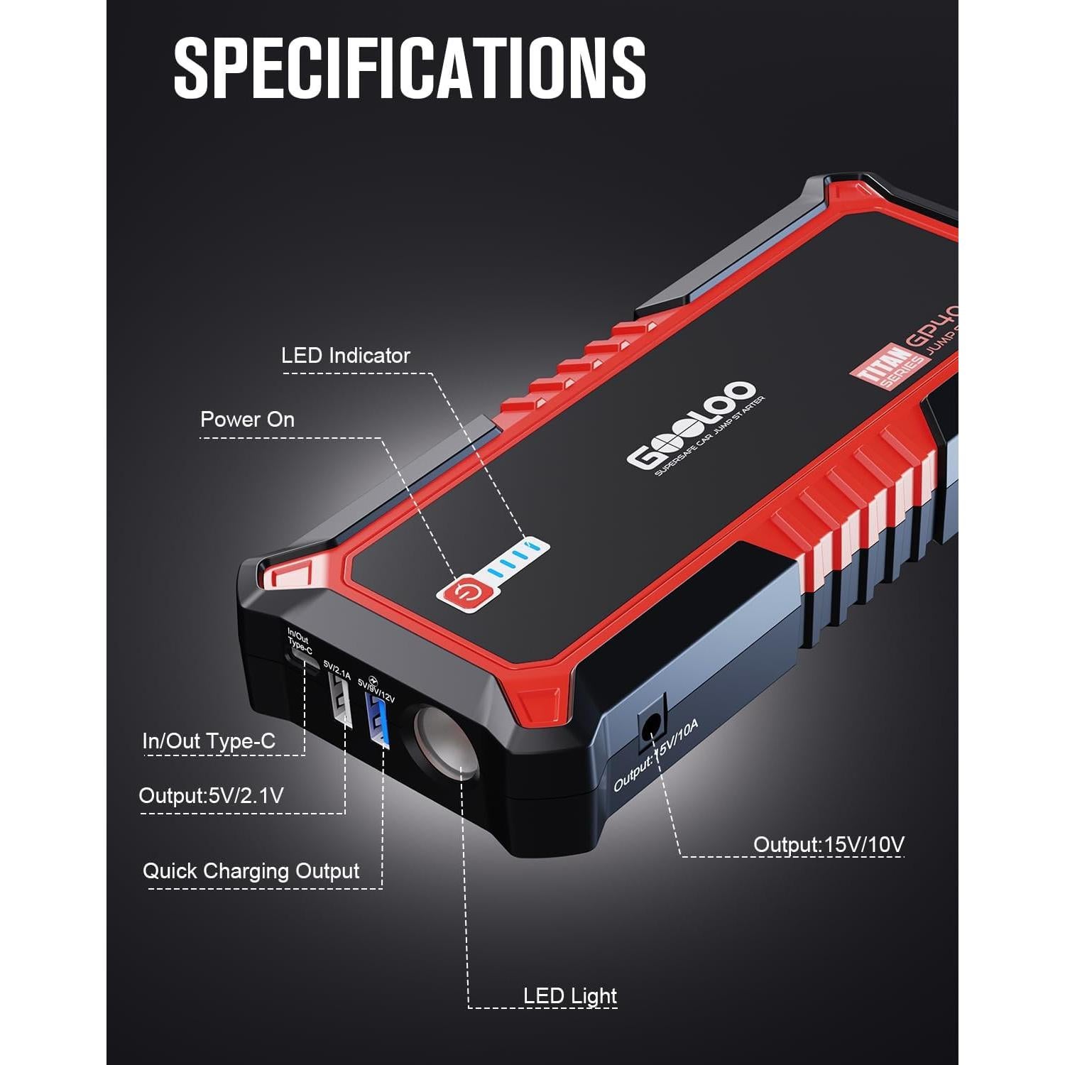 GOOLOO Arrancador de Batería 4000A 12V Rojo para Coche