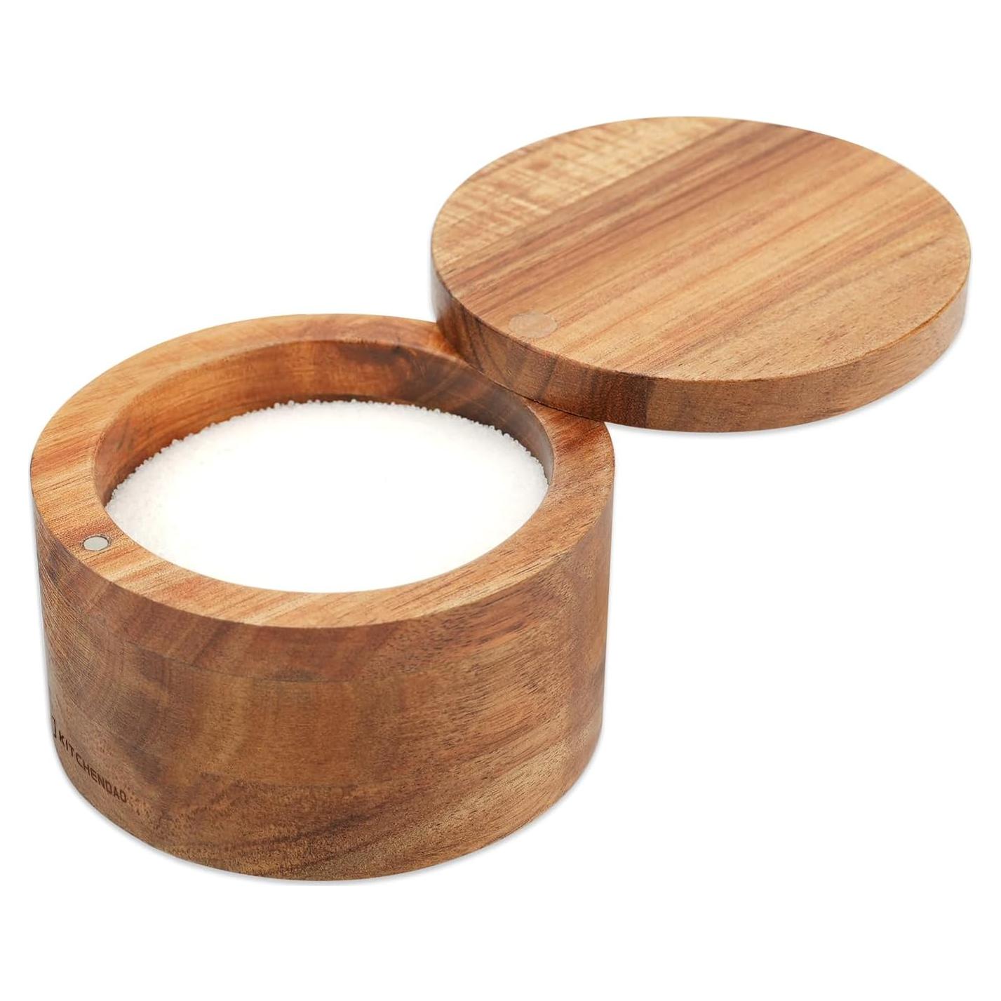 Caja de Sal de Madera de Acacia KITCHENDAO 177ml con Tapa Magnética