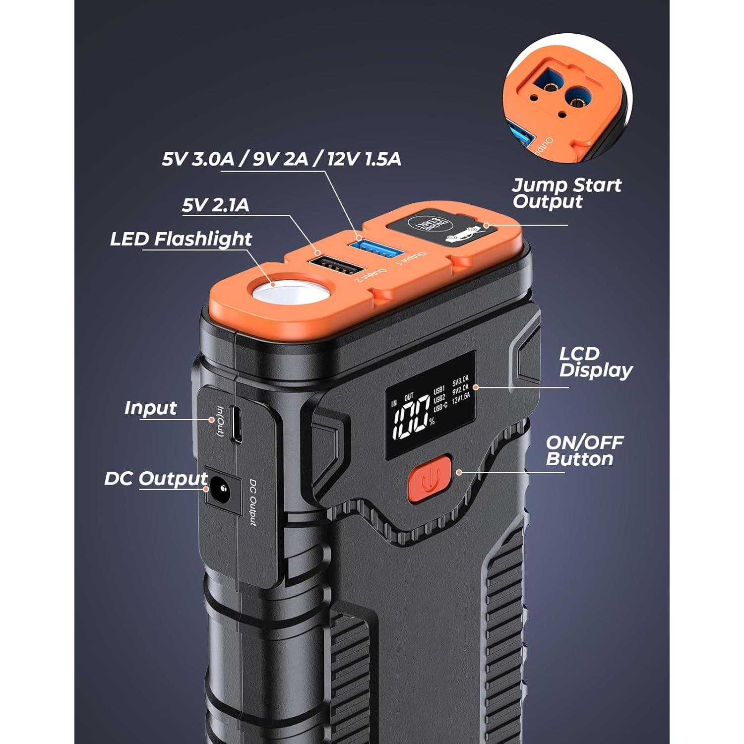 Arrancador de Coche KEUASX G32PL 2500A 12V con USB y LED