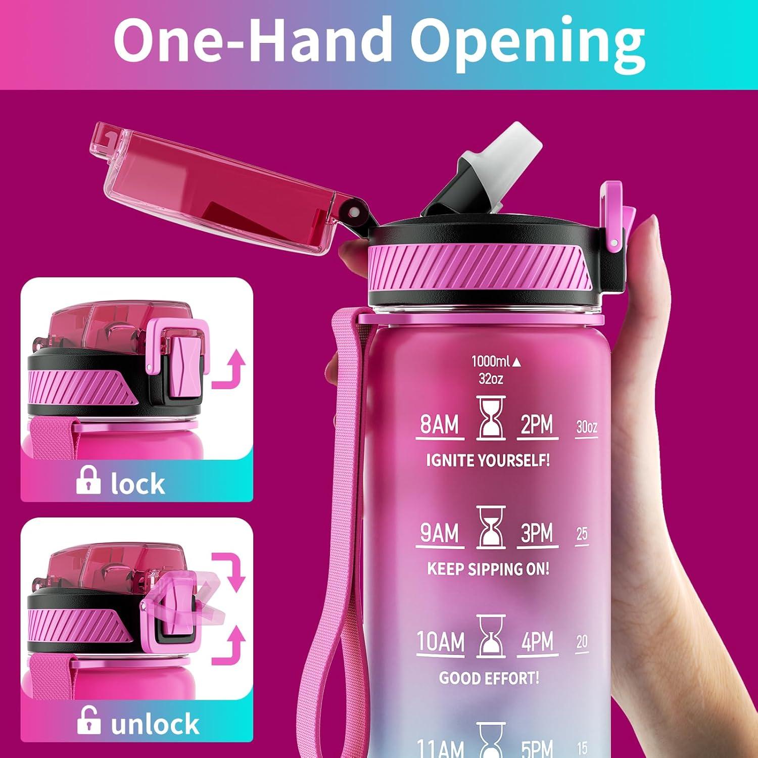 Botella de Agua QLUR 1L con Pajilla y Marcador de Tiempo