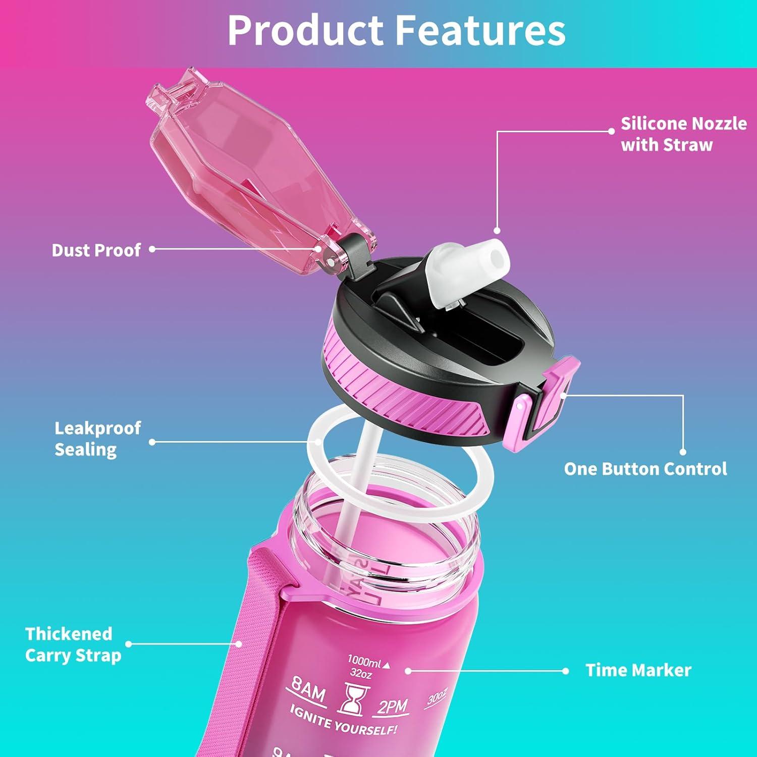 Botella de Agua QLUR 1L con Pajilla y Marcador de Tiempo