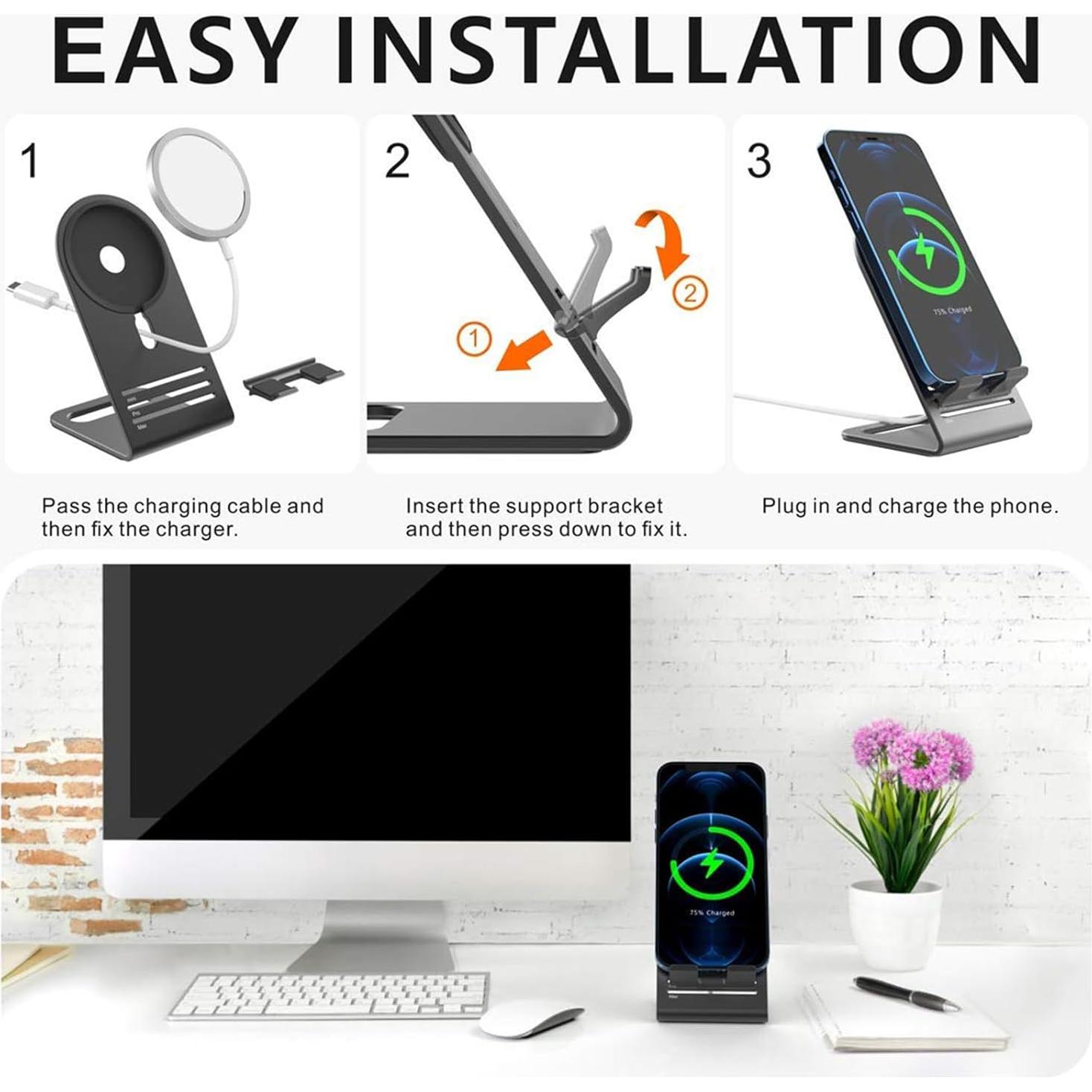 Soporte de Cargador Magsafe HALLEAST para iPhone 16/15/14/13/12 - Aluminio Gris