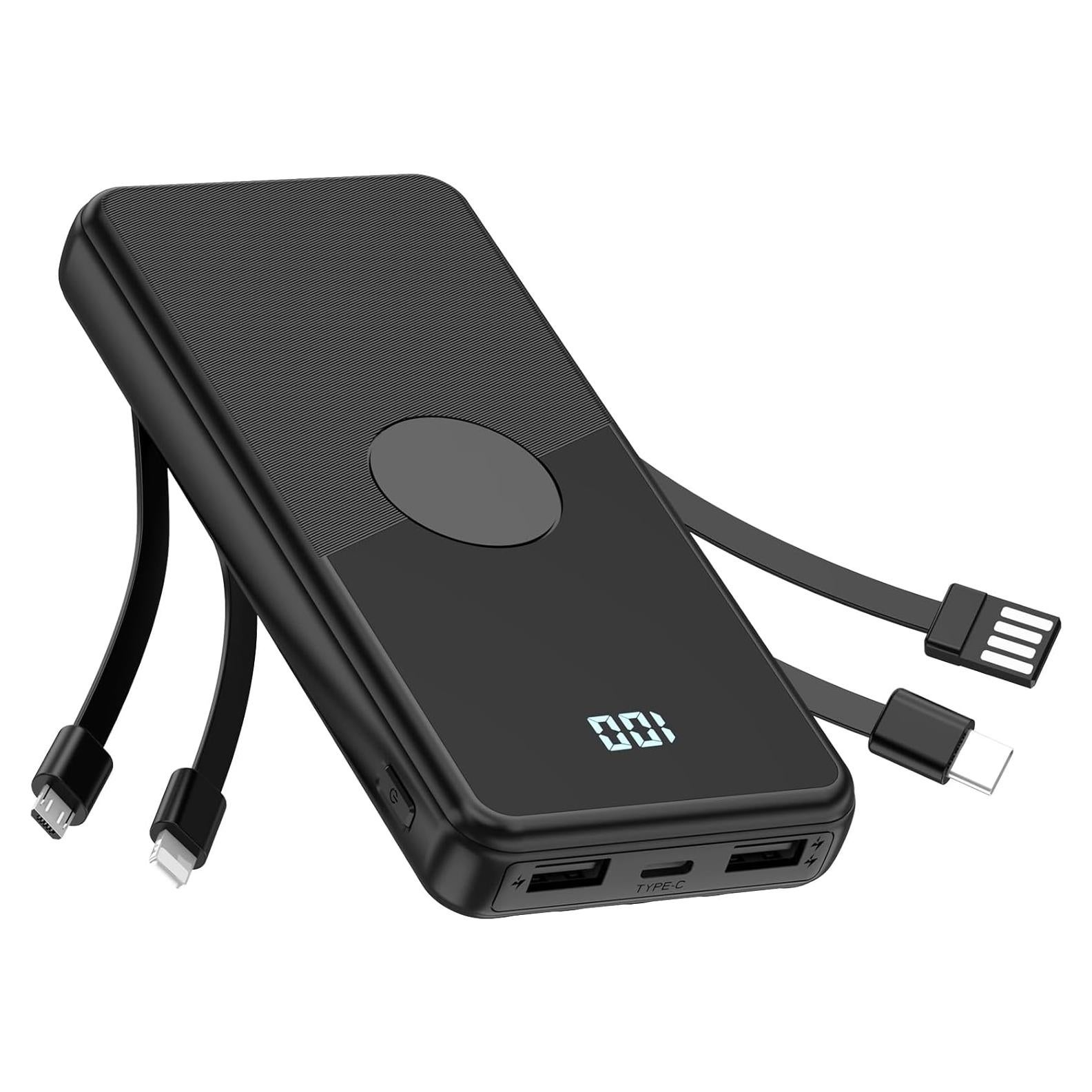 Cargador Portátil TXQX 10000mAh con Cables Integrados Negro