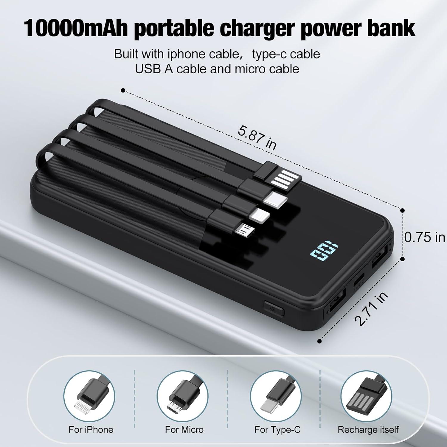 Cargador Portátil TXQX 10000mAh con Cables Integrados Negro