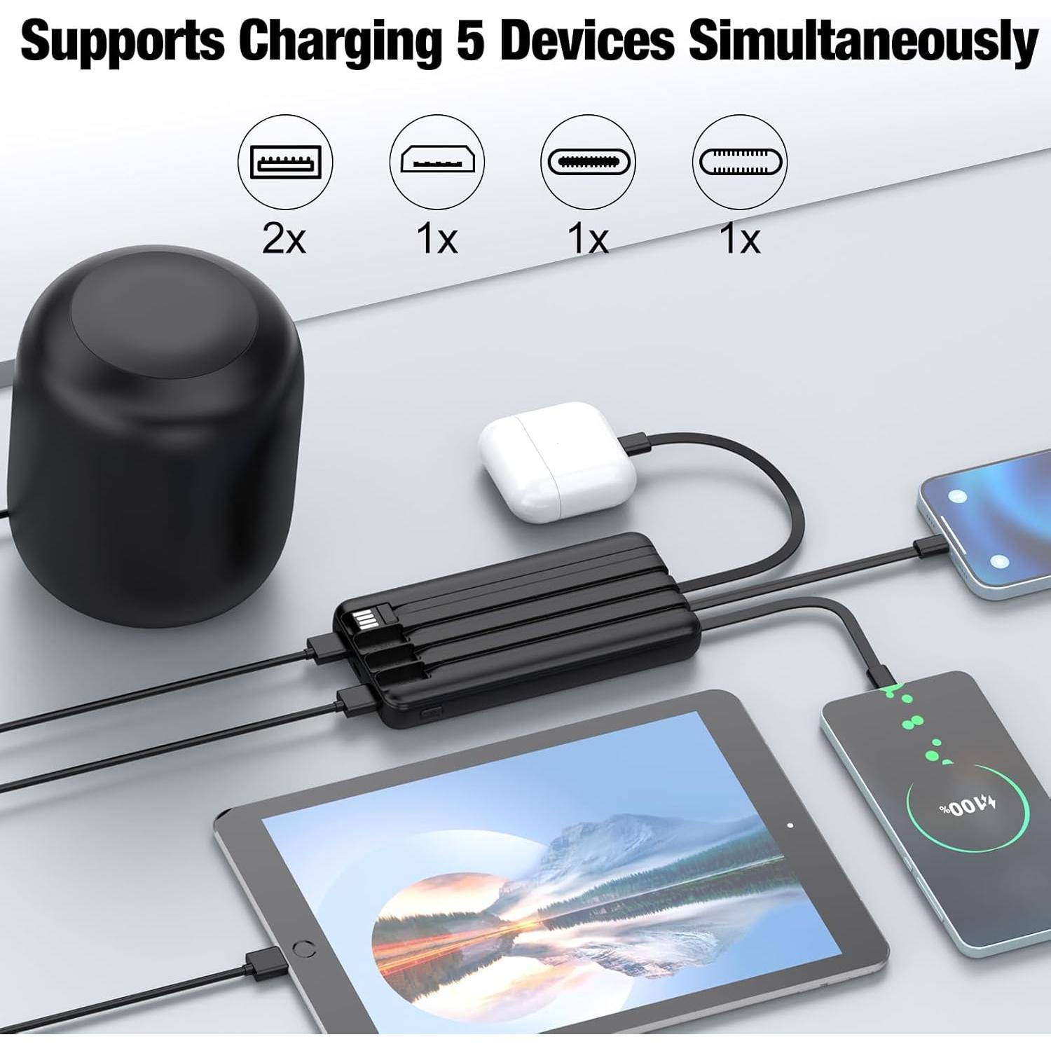 Cargador Portátil TXQX 10000mAh con Cables Integrados Negro