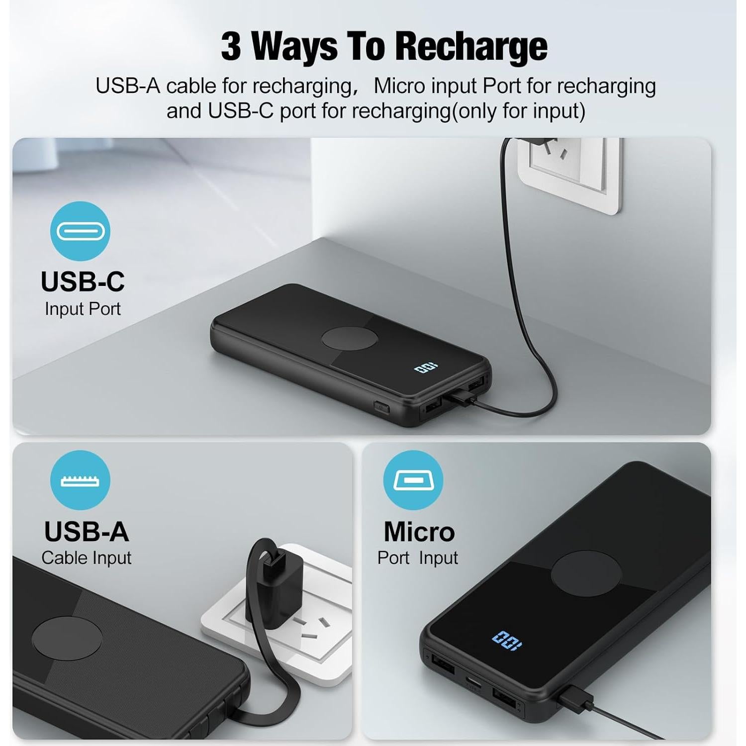 Cargador Portátil TXQX 10000mAh con Cables Integrados Negro