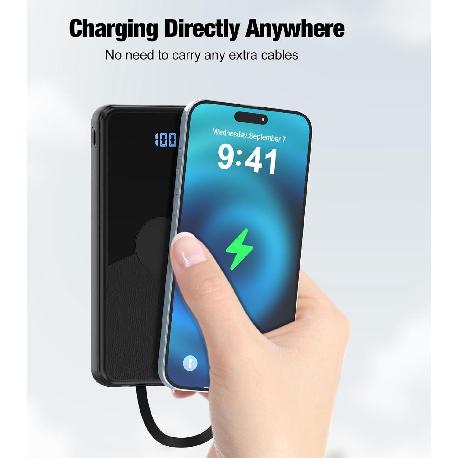 Cargador Portátil TXQX 10000mAh con Cables Integrados Negro