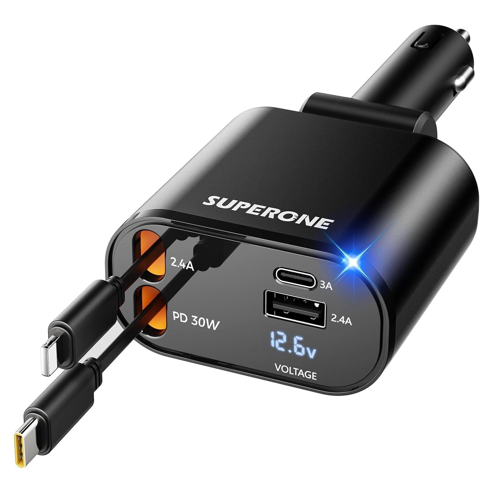 Cargador de coche retráctil SUPERONE 4 en 1 USB C 60W