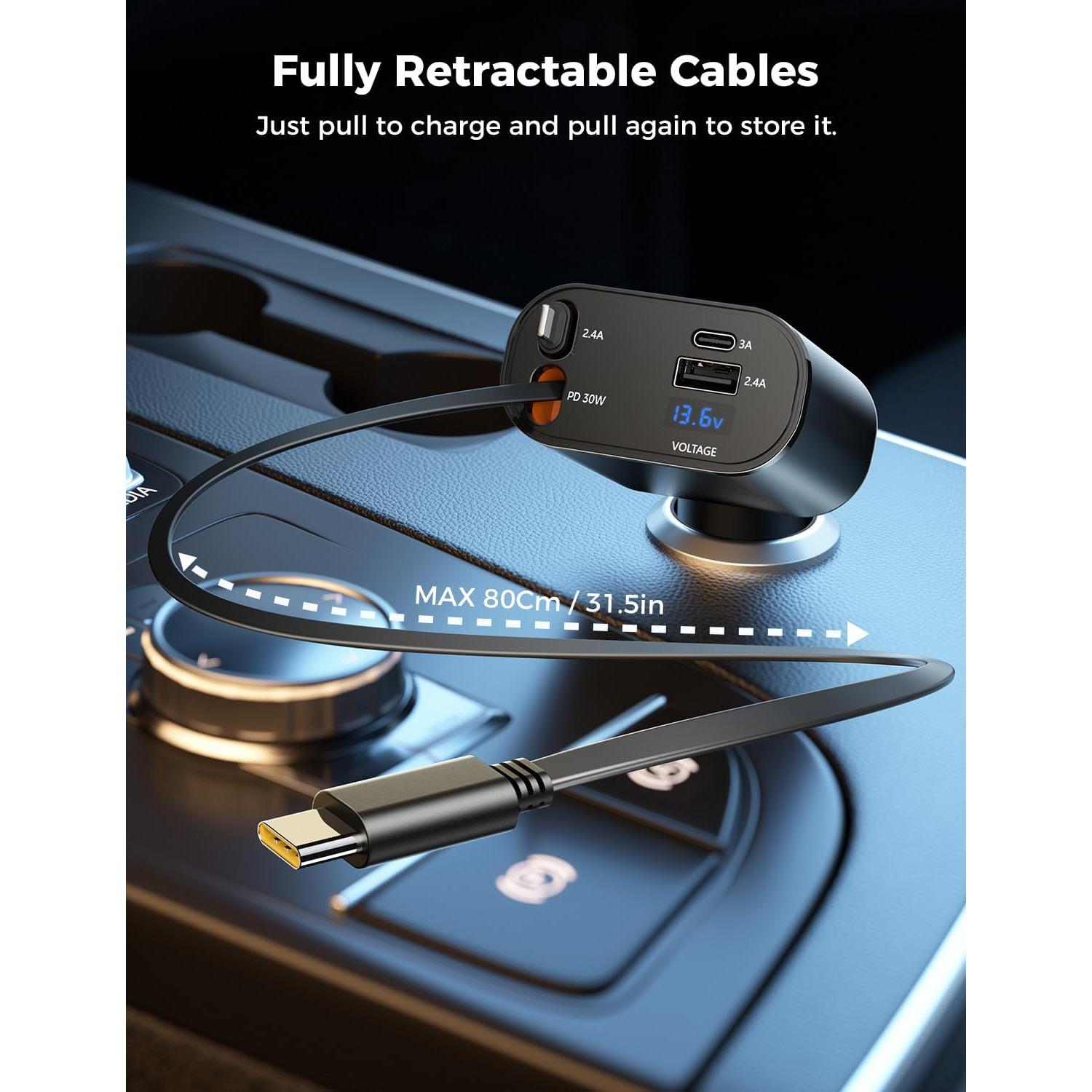 Cargador de coche retráctil SUPERONE 4 en 1 USB C 60W