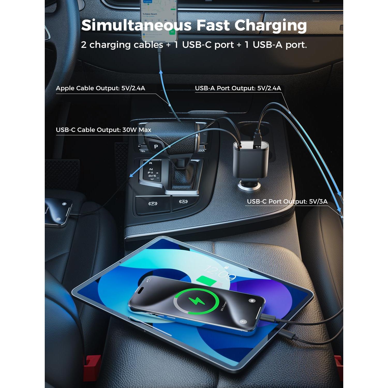 Cargador de coche retráctil SUPERONE 4 en 1 USB C 60W