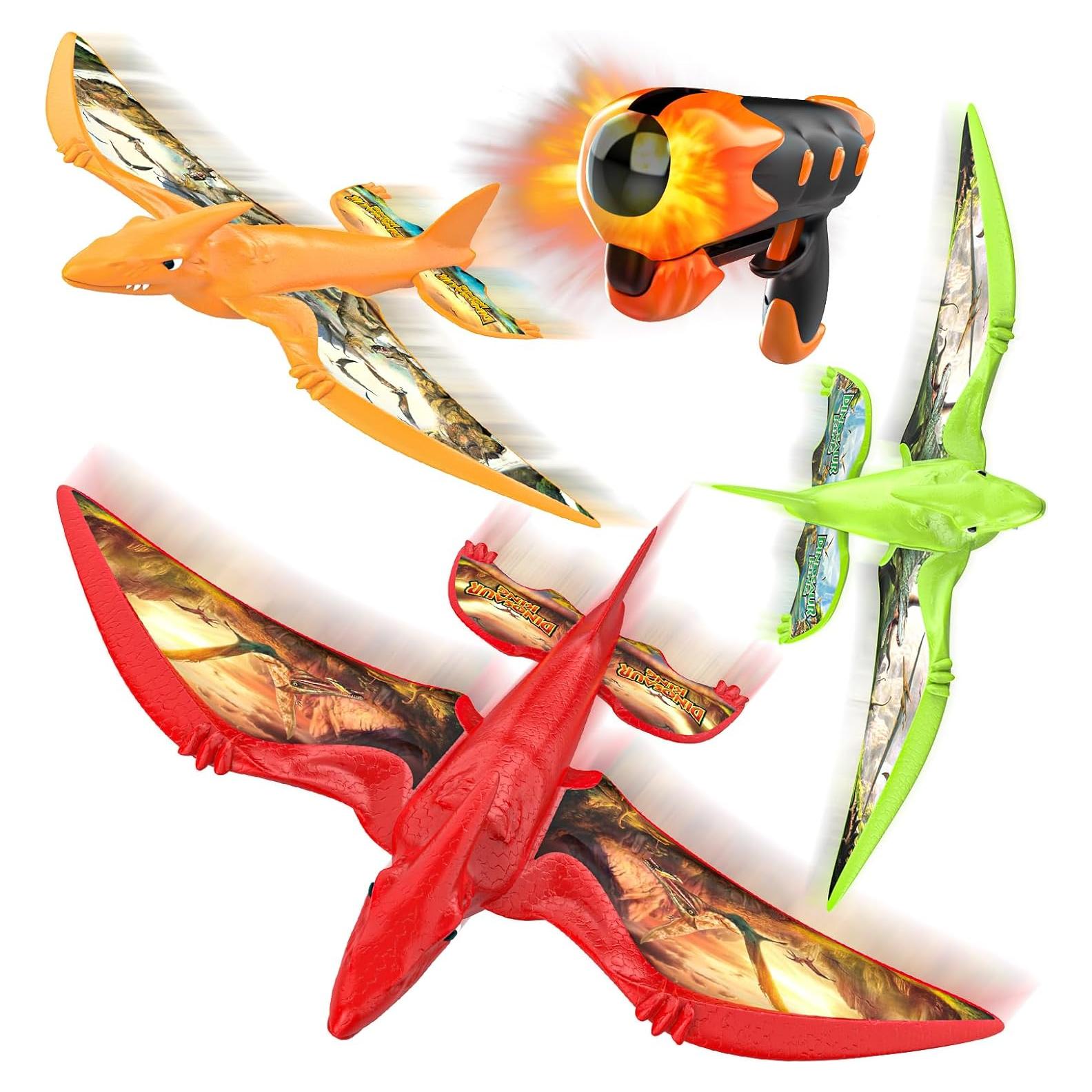 3 Pack Dinosaur Airplane Launcher Toys for Kids, Foam Airplanes for Kids Boys Toys with Stickers, Outdoor Flying Toys Birthday Gifts for 4 5 6 7 8 9 10 12 Year Old Boys Girls.