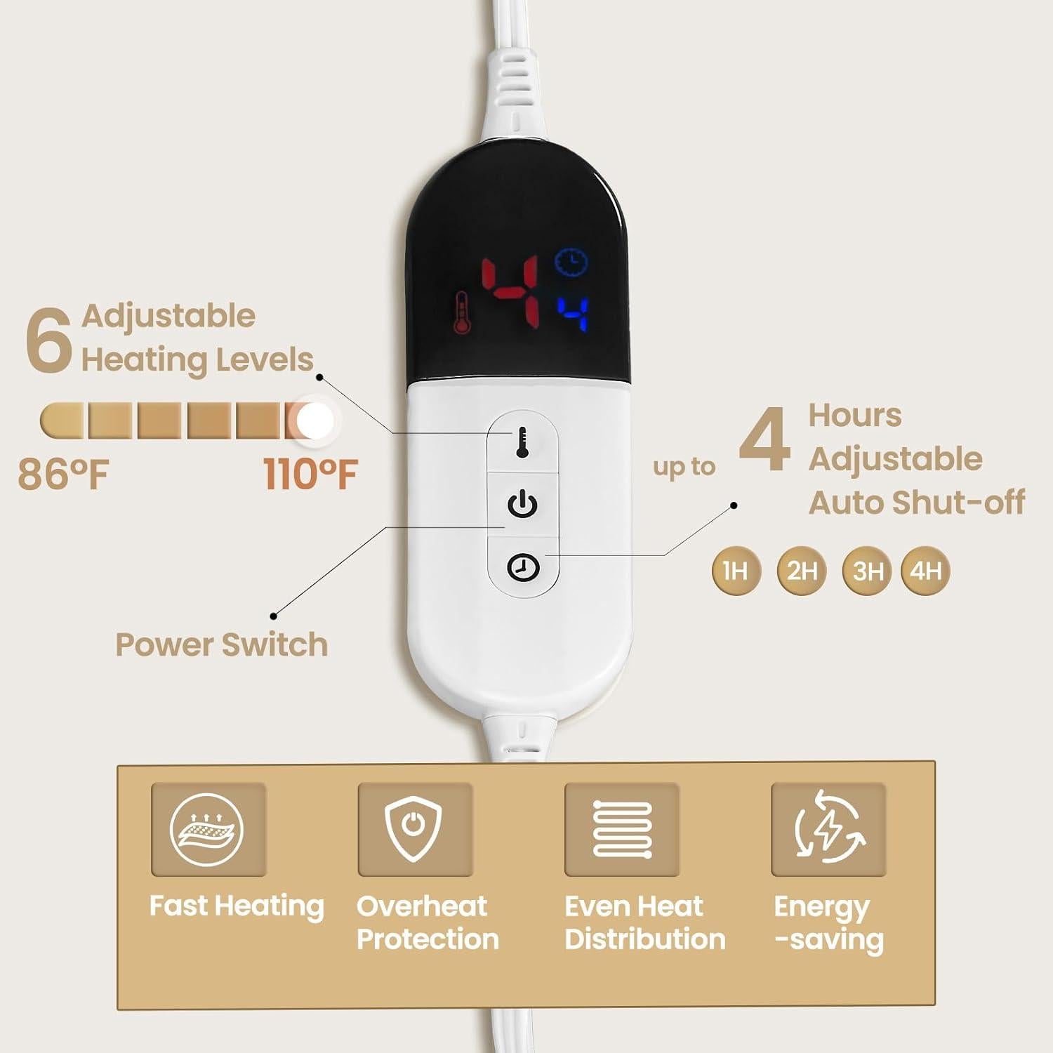 Manta Eléctrica PTQ Reina 213x229cm Azul Suave 6 Niveles Calor