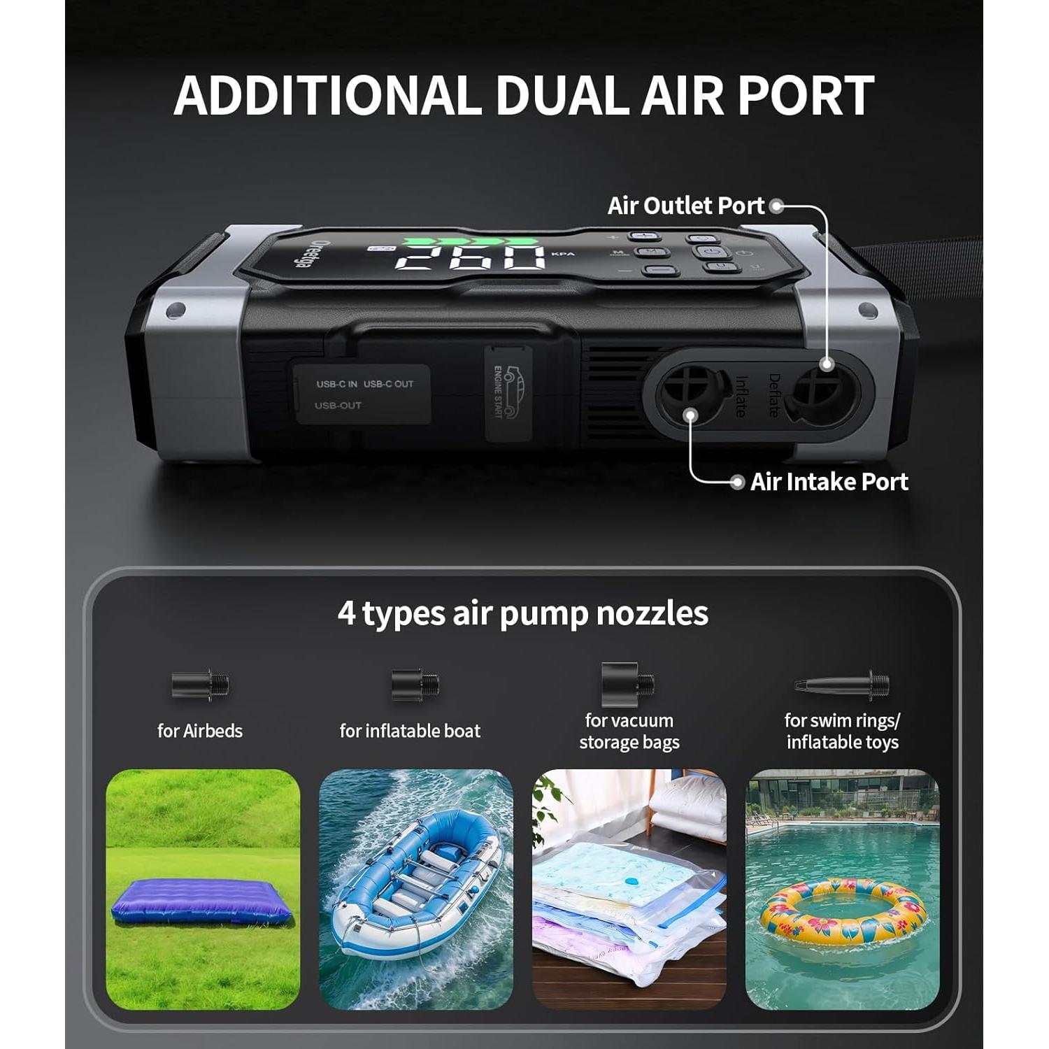 Arrancador de Batería Oreetga U9 8000A con Compresor 9 en 1