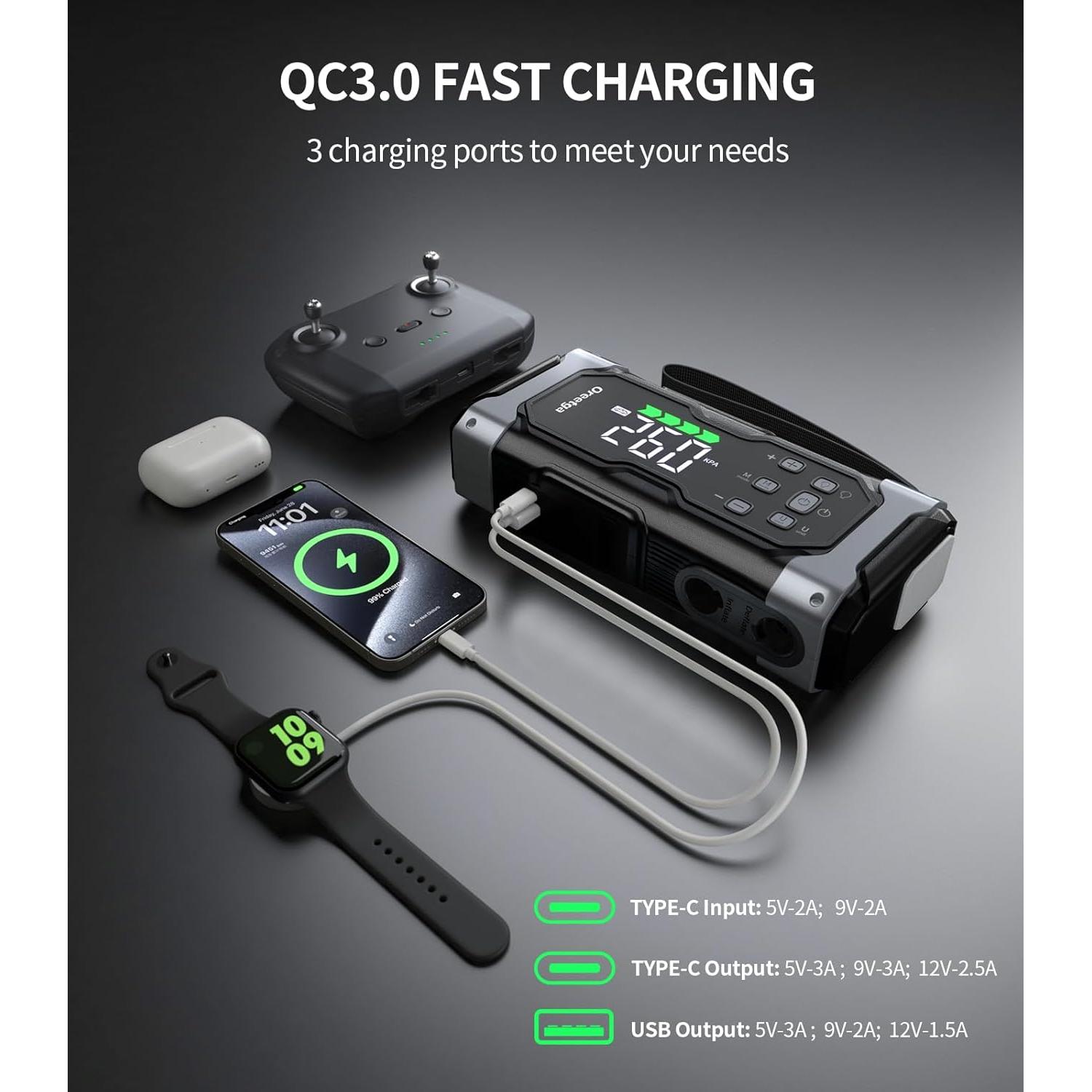 Arrancador de Batería Oreetga U9 8000A con Compresor 9 en 1