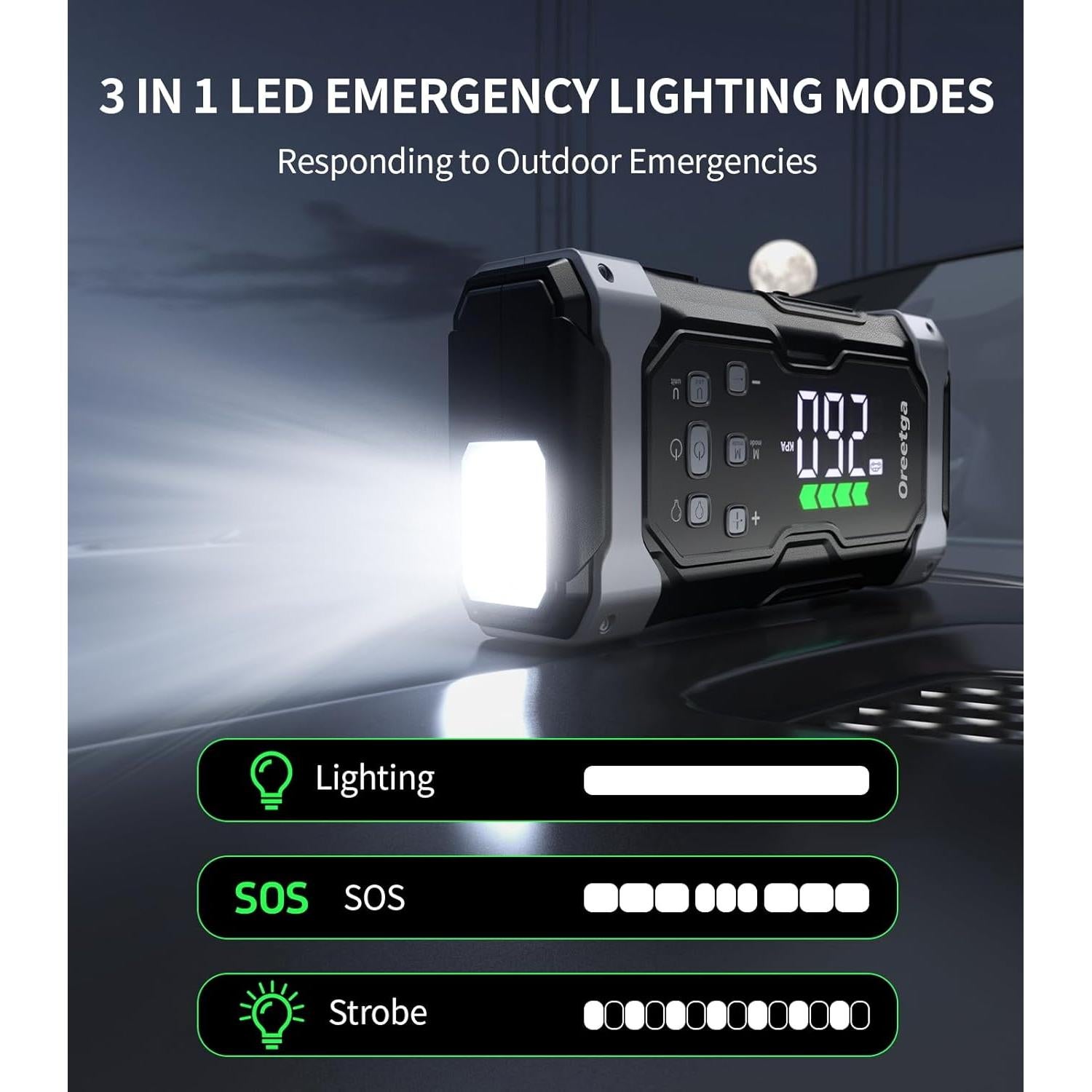 Arrancador de Batería Oreetga U9 8000A con Compresor 9 en 1