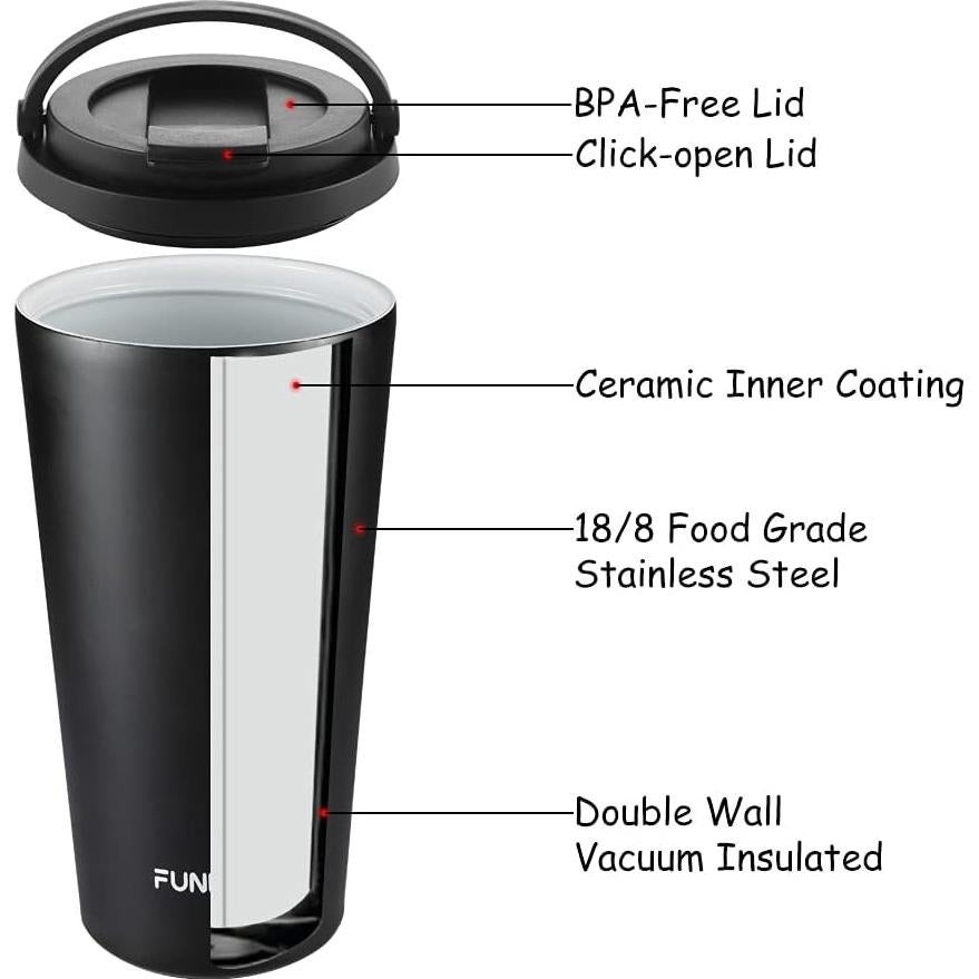 Taza de café aislada Funkrin 473 ml con tapa y asa