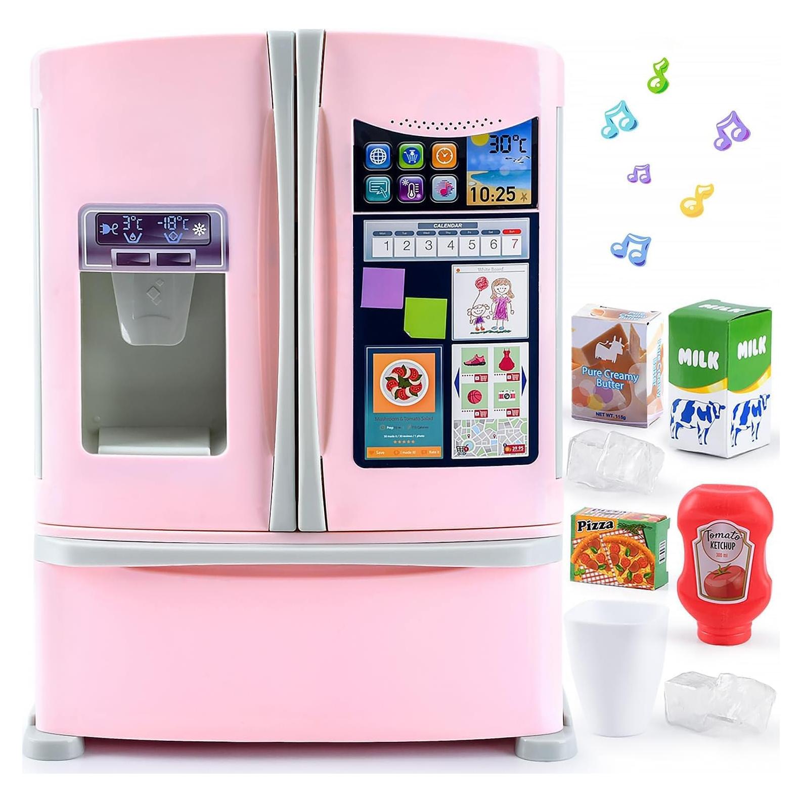 PLAY Kids Kitchen Refrigerator with Ice Dispenser, Pretend Kid Toy Fridge Kitchen Playset, Kitchen Appliance Accessories for Girl Boy Christmas Birthday Gift Age 3+, Pink