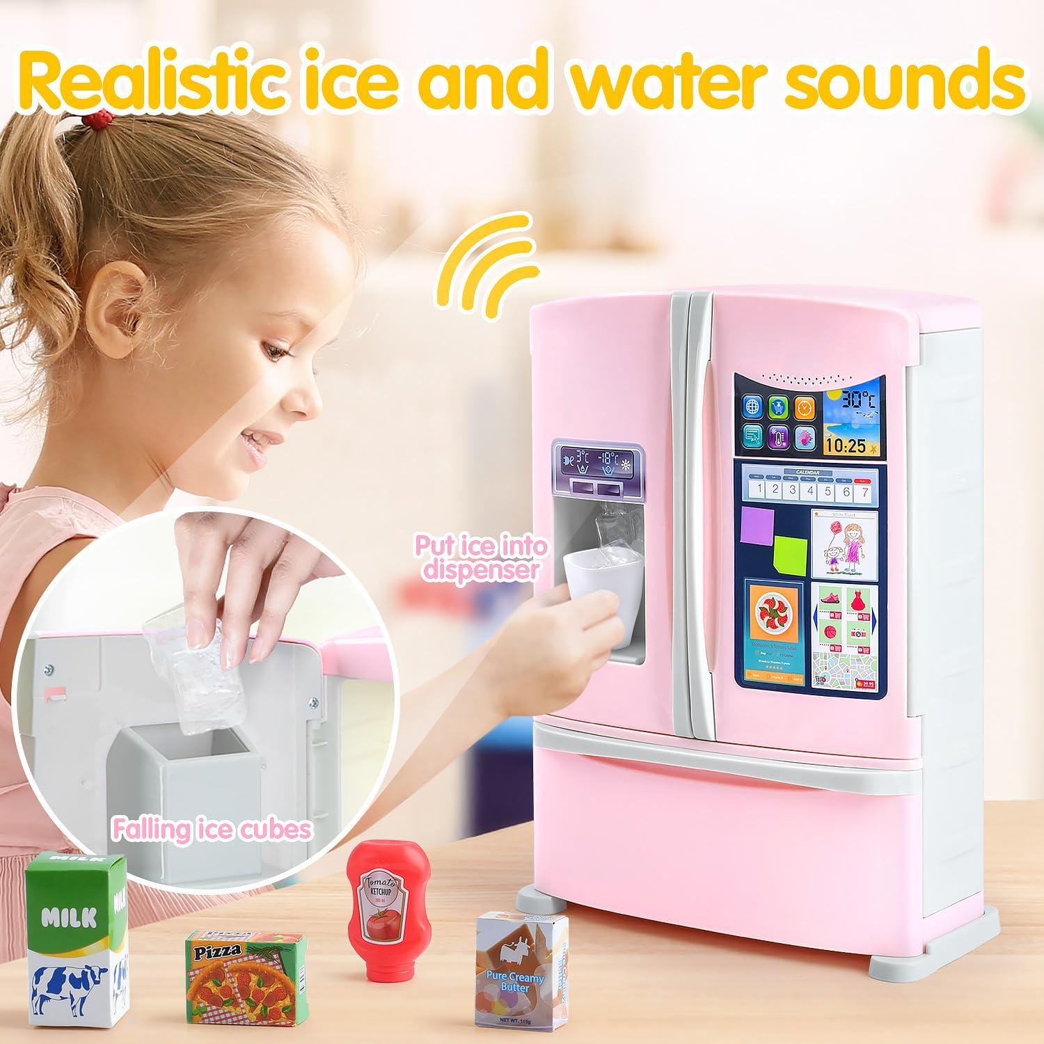 PLAY Kids Kitchen Refrigerator with Ice Dispenser, Pretend Kid Toy Fridge Kitchen Playset, Kitchen Appliance Accessories for Girl Boy Christmas Birthday Gift Age 3+, Pink