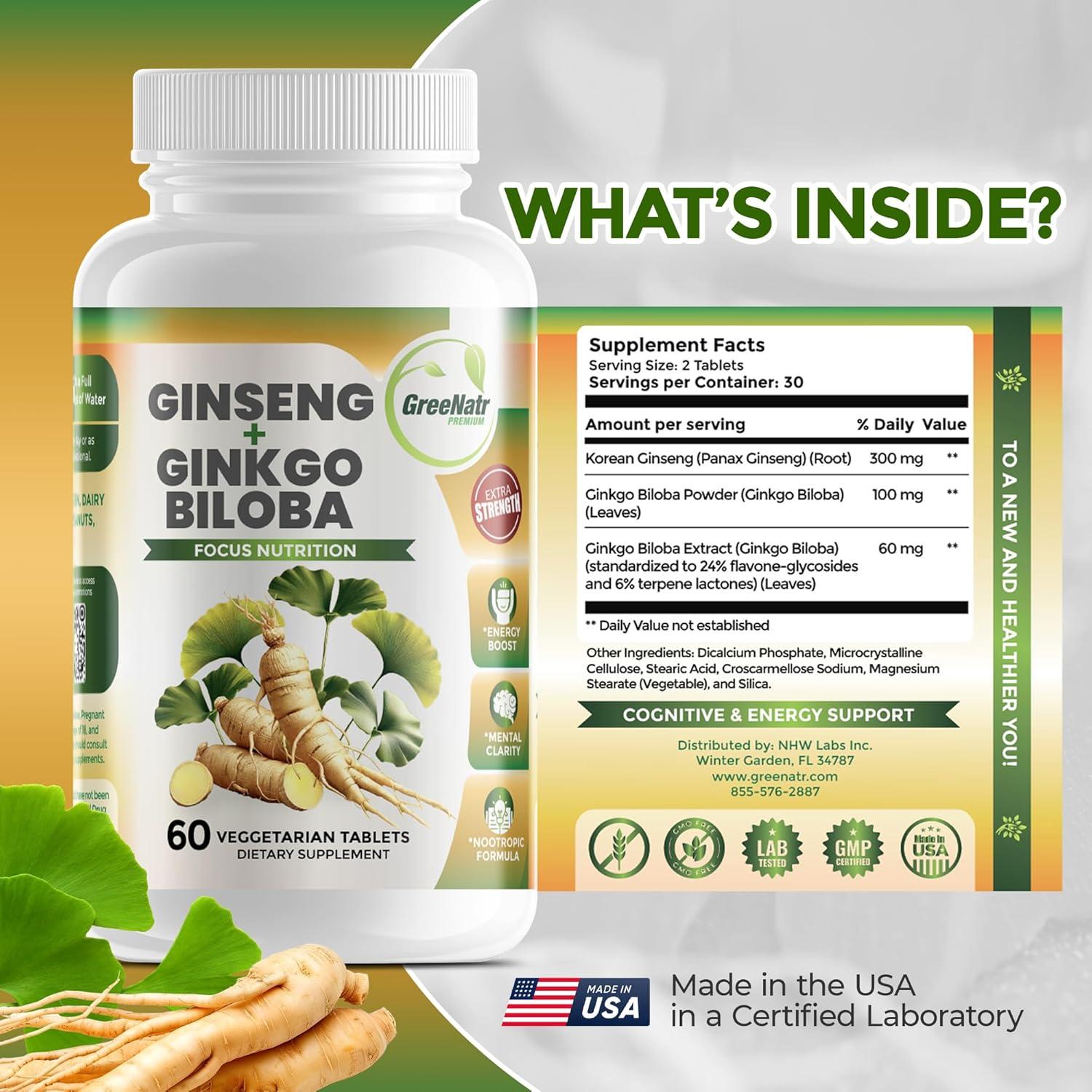 Suplemento Ginkgo Biloba y Ginseng Rojo Intelabs 60 Tabletas