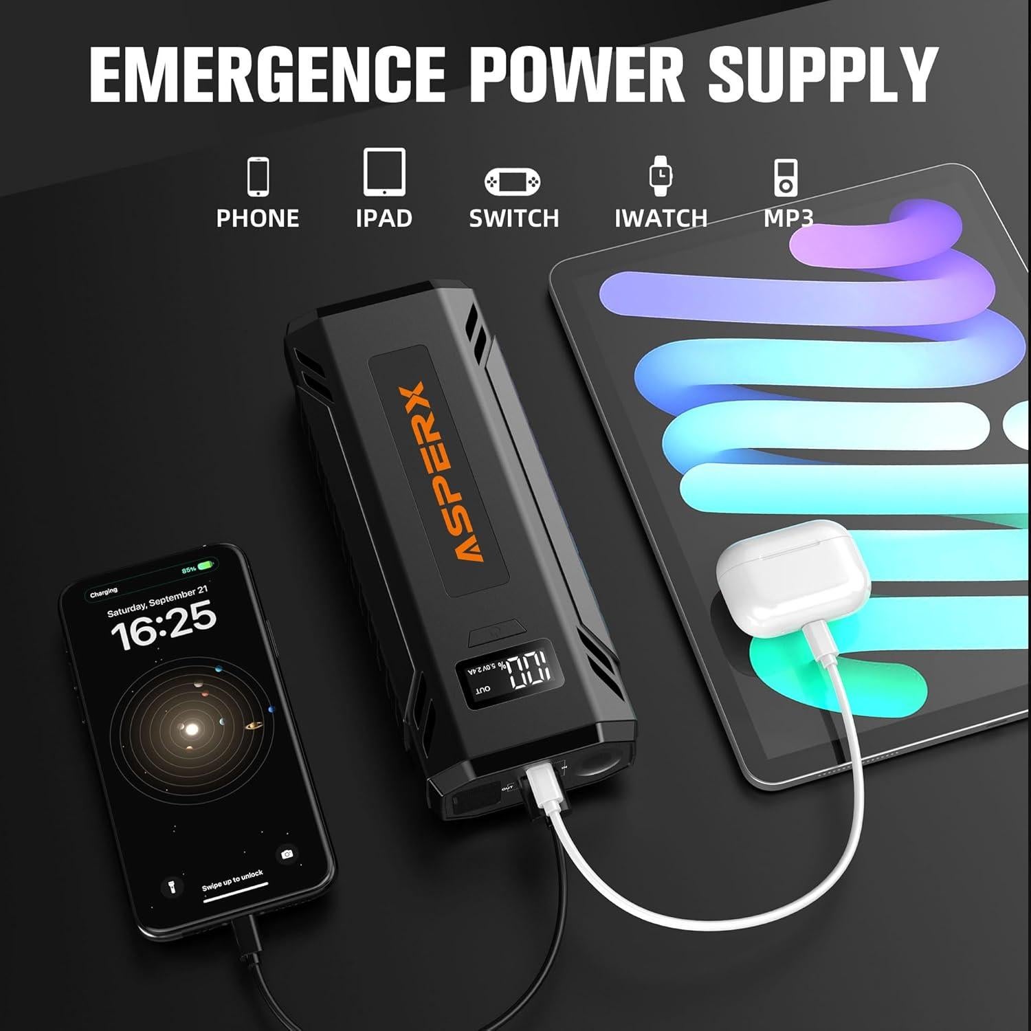 AsperX Arrancador de Salto AX4000 4000A 12V con Luz LED