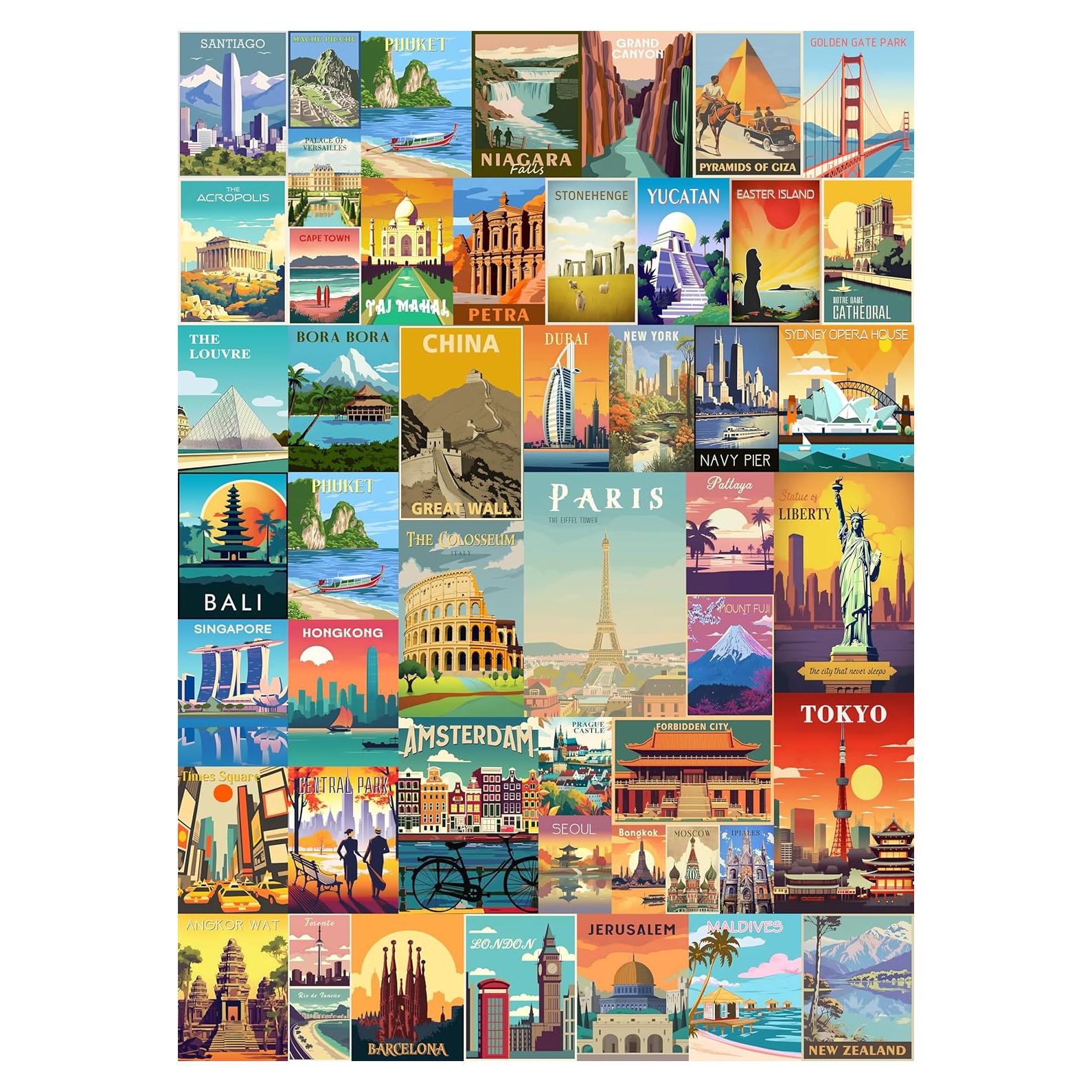 Vintage World Travel Puzzles for Adults 1000 Piece, Colosseum Eiffel Tower Landscape Poster Puzzle Landmarks, Scenic Jigsaw Puzzles for Adults Paris Italy Scenery