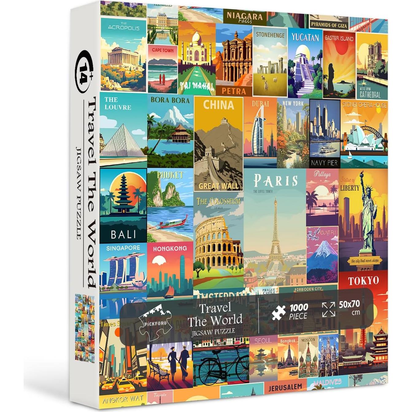 Vintage World Travel Puzzles for Adults 1000 Piece, Colosseum Eiffel Tower Landscape Poster Puzzle Landmarks, Scenic Jigsaw Puzzles for Adults Paris Italy Scenery
