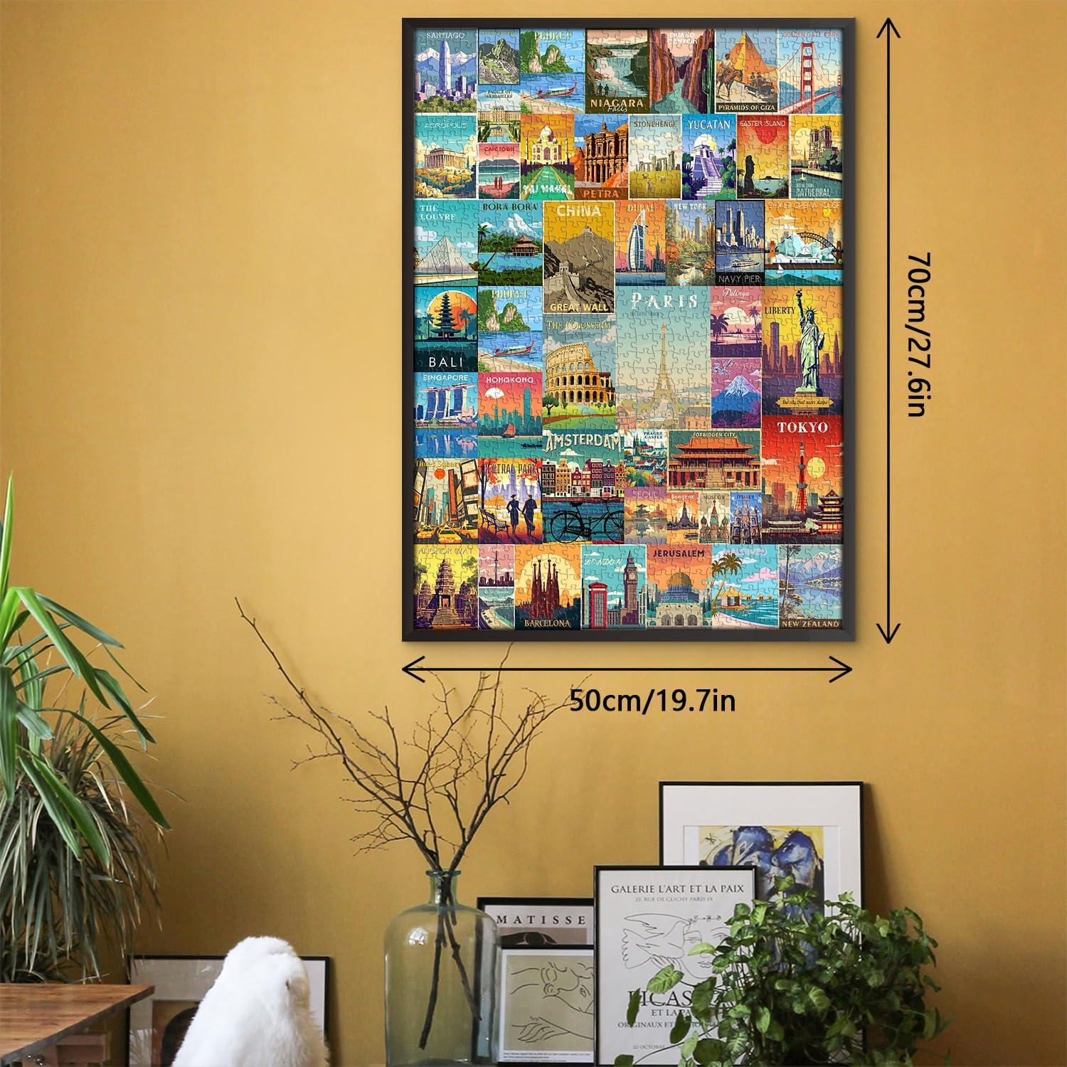 Vintage World Travel Puzzles for Adults 1000 Piece, Colosseum Eiffel Tower Landscape Poster Puzzle Landmarks, Scenic Jigsaw Puzzles for Adults Paris Italy Scenery