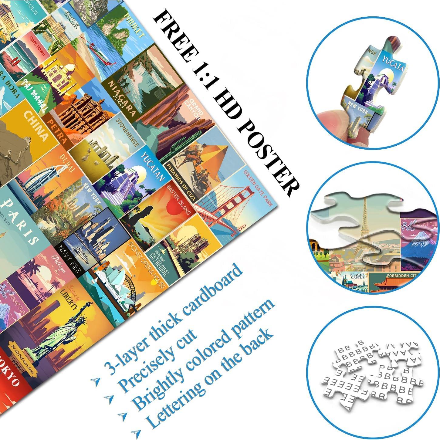 Vintage World Travel Puzzles for Adults 1000 Piece, Colosseum Eiffel Tower Landscape Poster Puzzle Landmarks, Scenic Jigsaw Puzzles for Adults Paris Italy Scenery