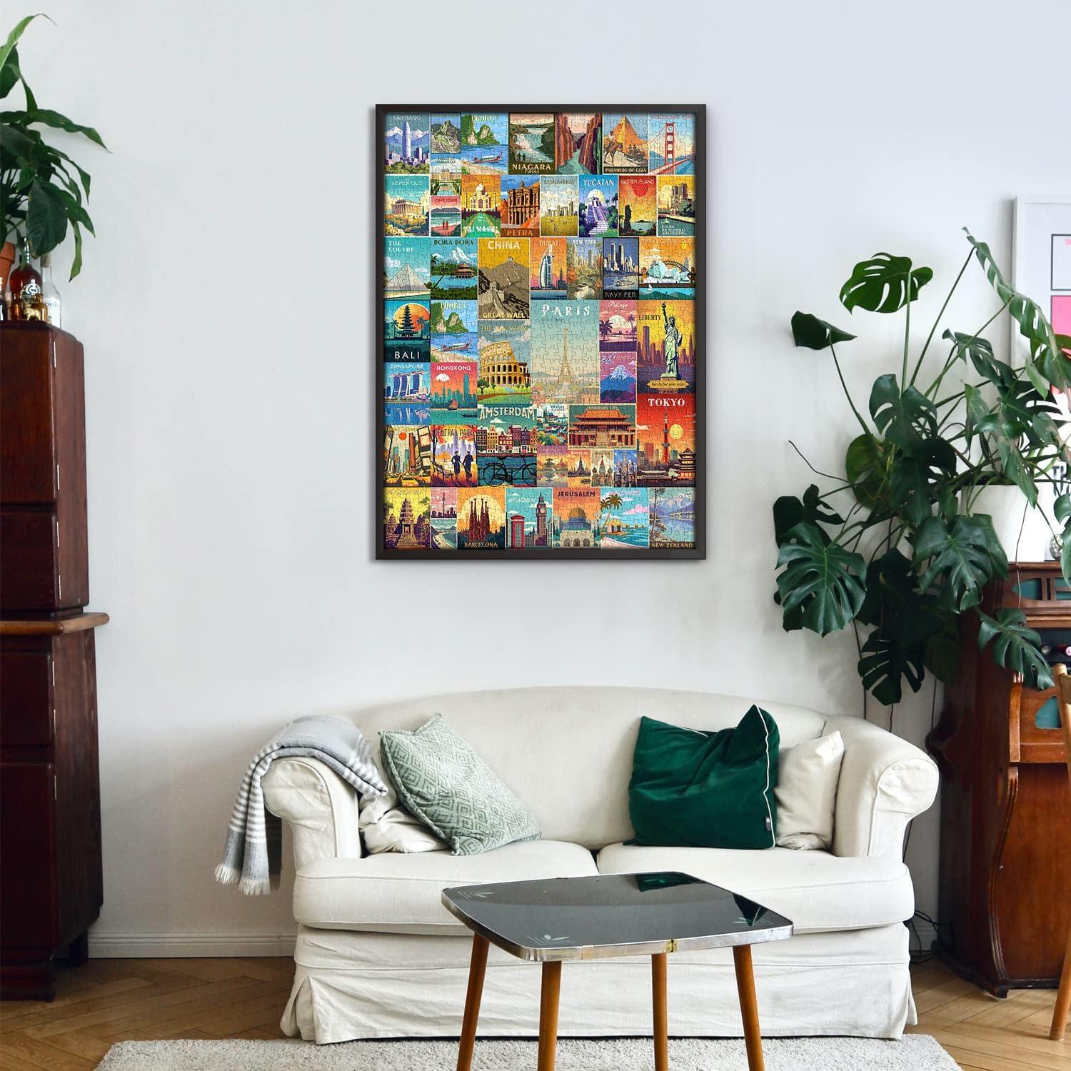 Vintage World Travel Puzzles for Adults 1000 Piece, Colosseum Eiffel Tower Landscape Poster Puzzle Landmarks, Scenic Jigsaw Puzzles for Adults Paris Italy Scenery