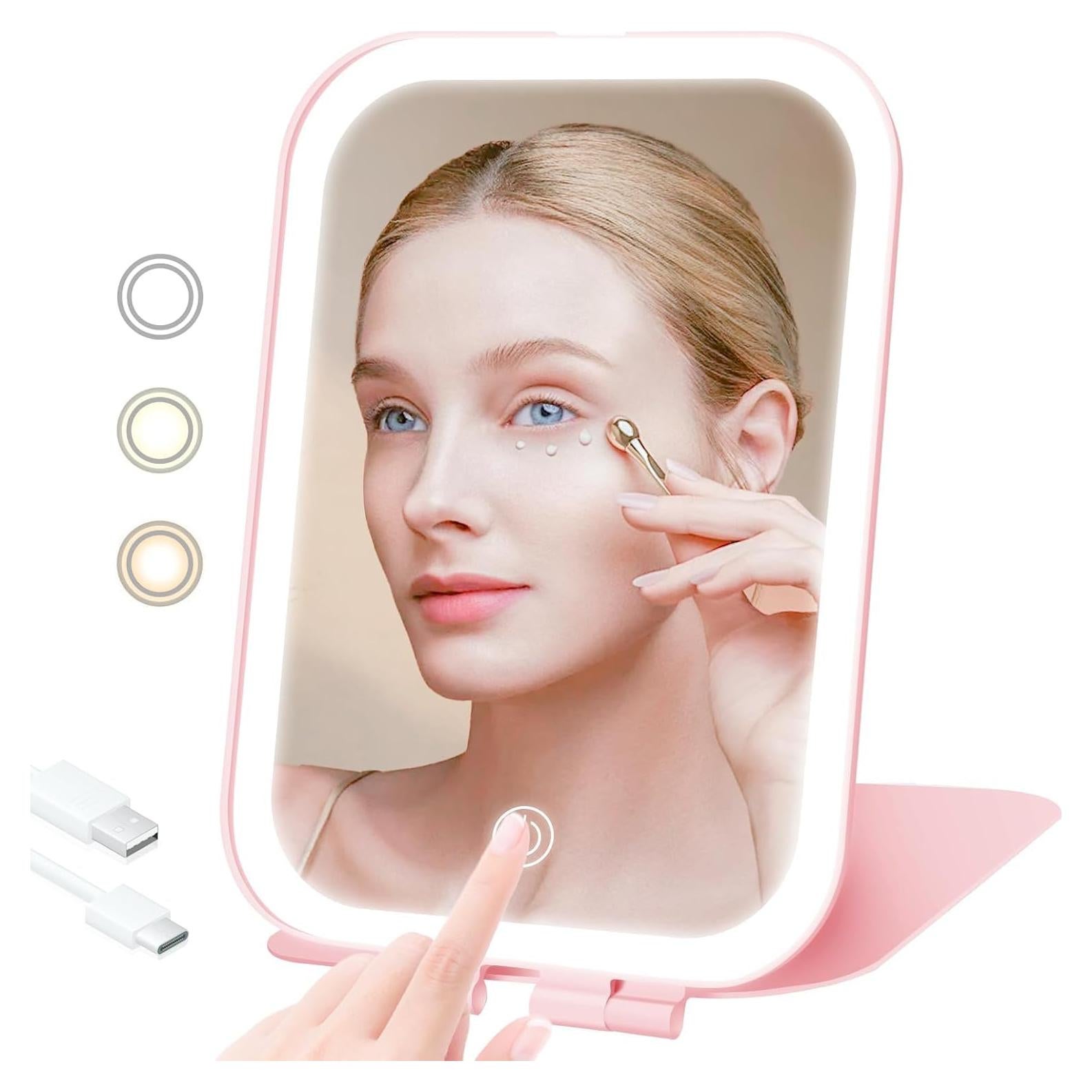 Espejo de Maquillaje TREASO Rosa Portátil Recargable USB
