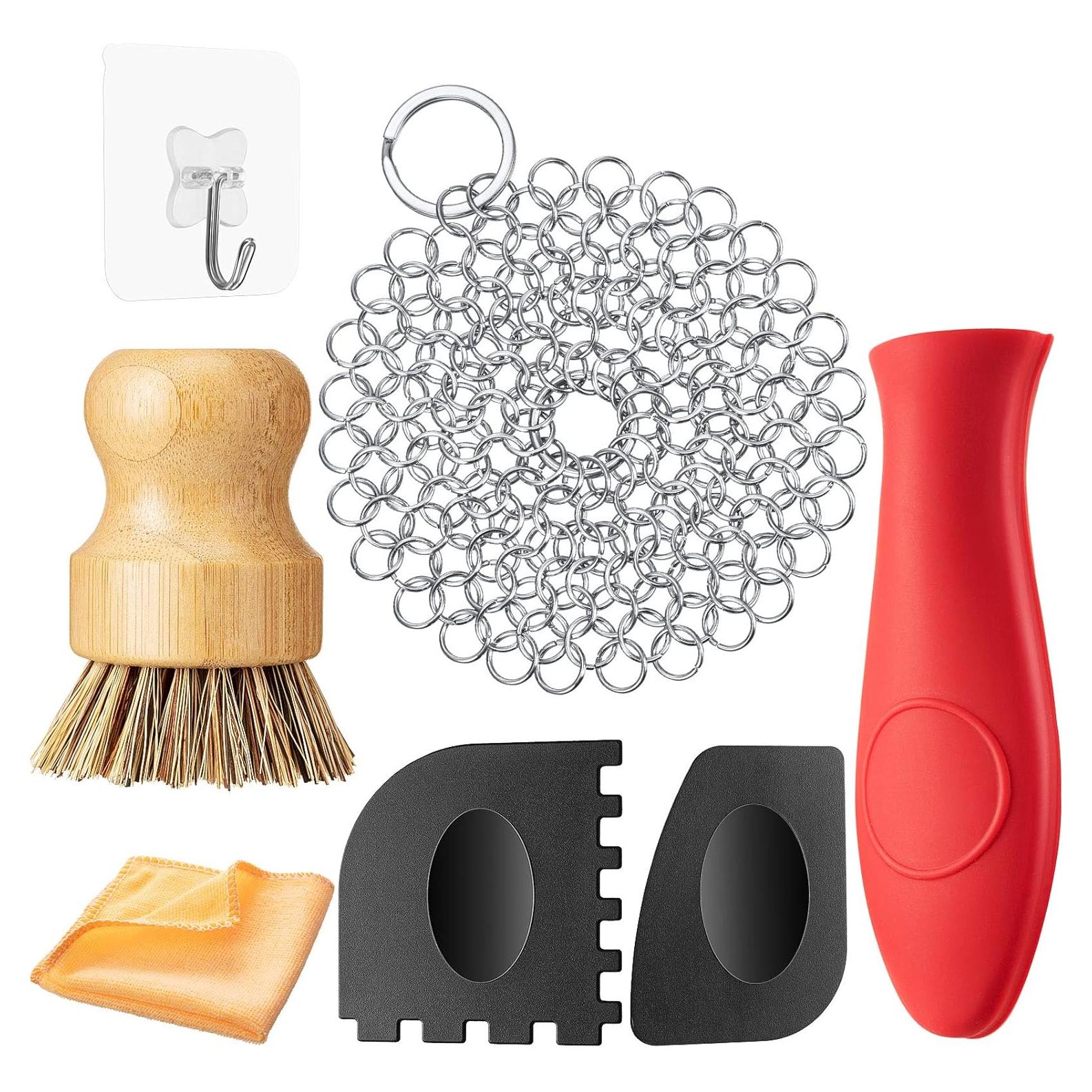 Patelai 7 Pieces Cast Iron Cleaner Set Include Stainless Steel Chainmail Scrubber with Bamboo Dish Scrub Brush Hot Handle Holder 2 Pan Grill Scrapers Kitchen Towel Wall Hook (Bright Color)