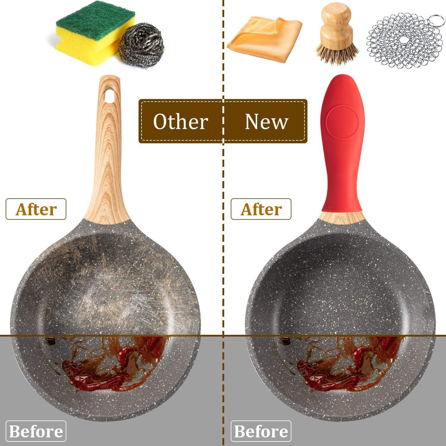 Patelai 7 Pieces Cast Iron Cleaner Set Include Stainless Steel Chainmail Scrubber with Bamboo Dish Scrub Brush Hot Handle Holder 2 Pan Grill Scrapers Kitchen Towel Wall Hook (Bright Color)