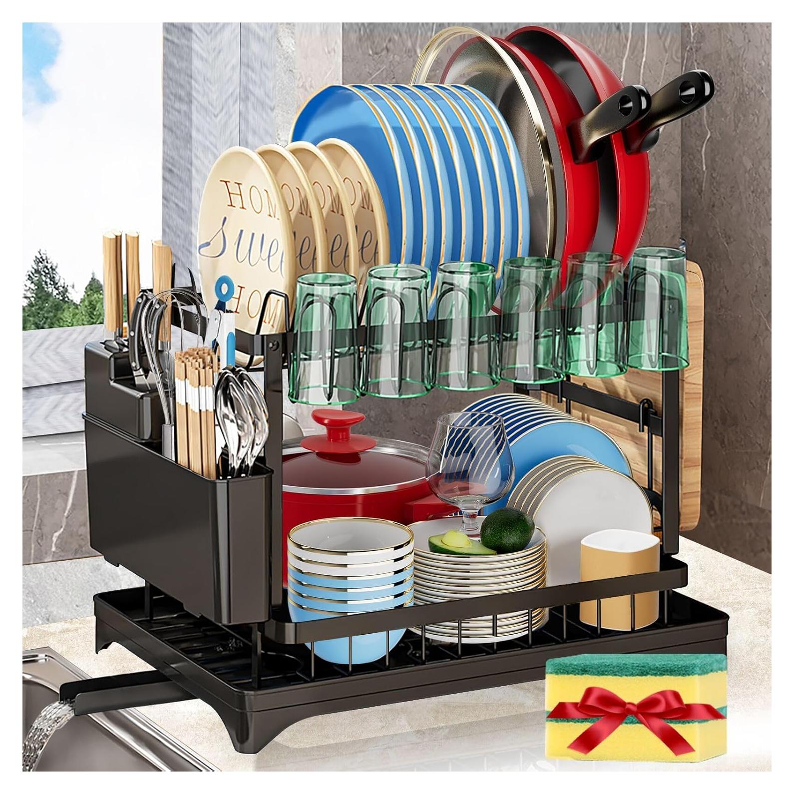 Escurridor de Platos Grande XLMYS 2 Niveles Acero Inoxidable Negro