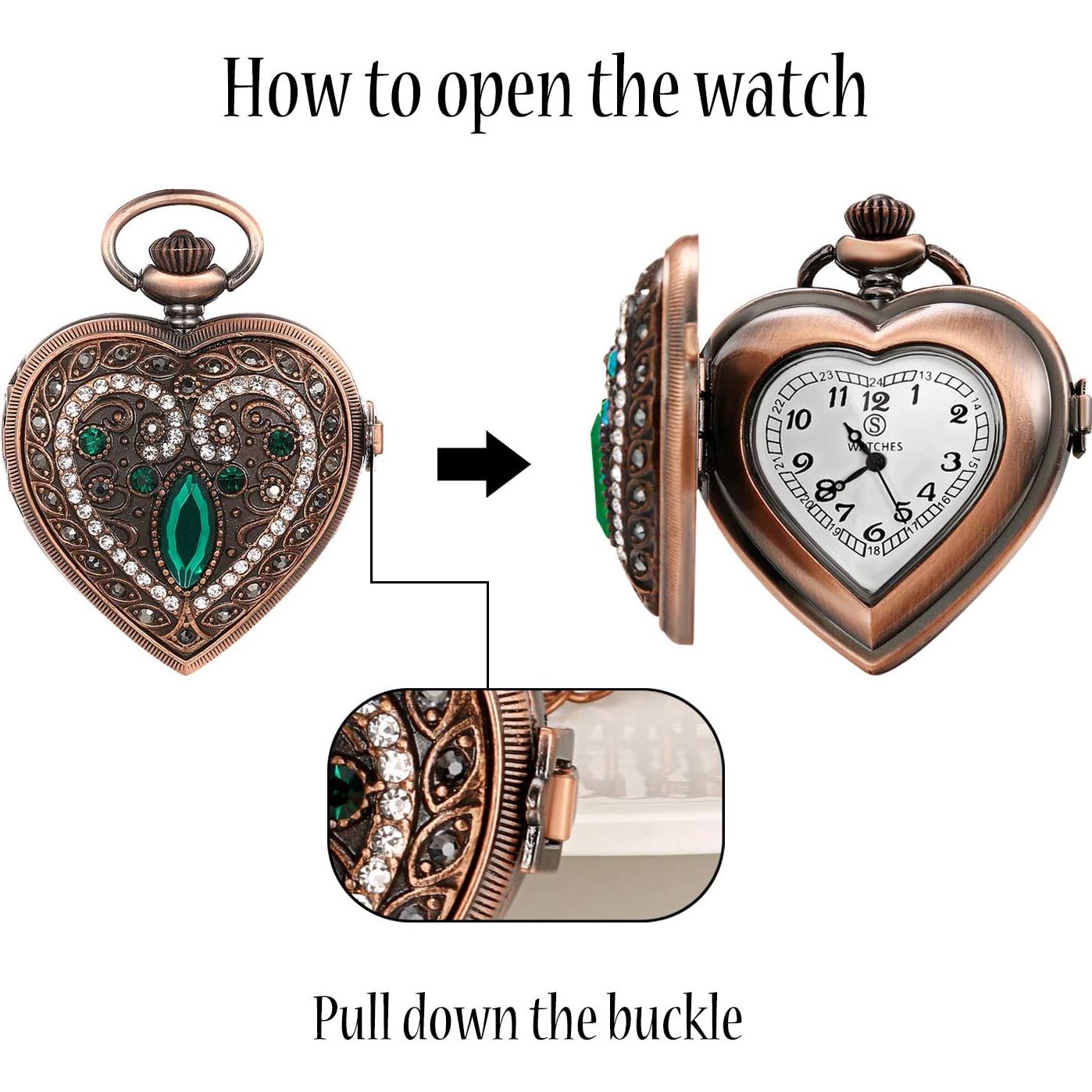 Collar Reloj de Bolsillo Corazón JewelryWe Verde 30 cm