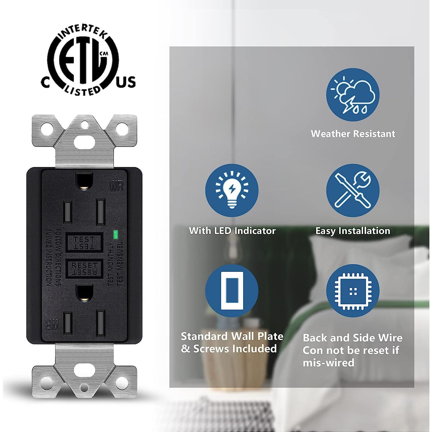 Enchufe GFCI NineLeaf Negro 15A con LED - Paquete de 20