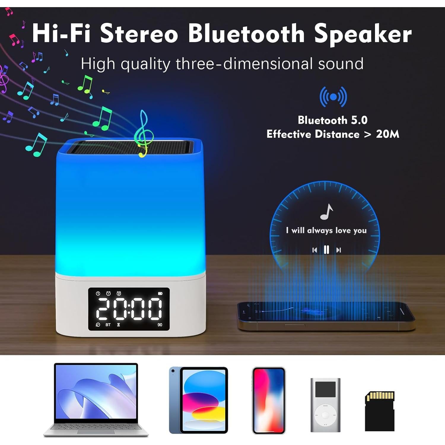 Altavoz Bluetooth Ebhako W10 con Luz Nocturna y Reloj Despertador